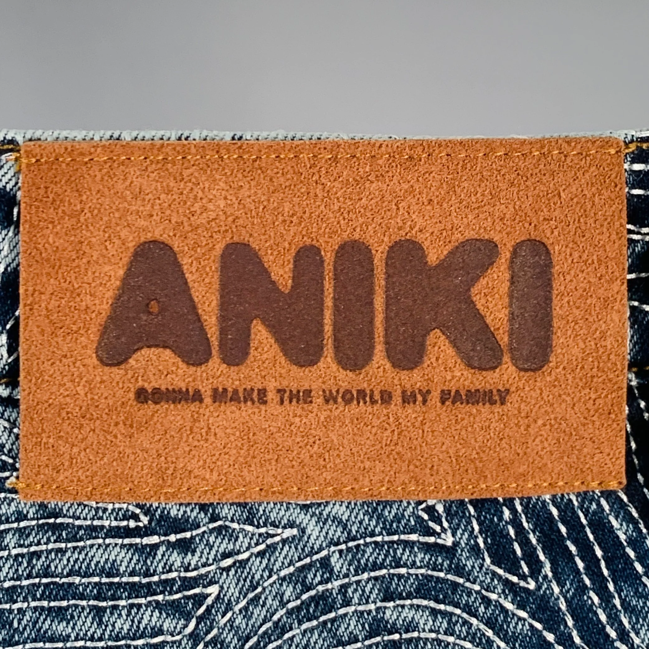 ANIKI Size L Indigo White Embroidery Cotton Wide Leg Straight Zip Fly Jeans - Image 5