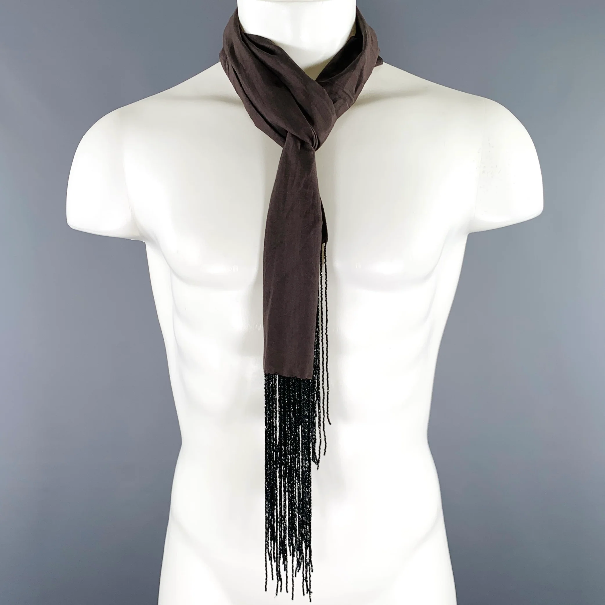 ANN DEMEULEMEESTER Grey Black Beaded Fringe Scarf - Image 4