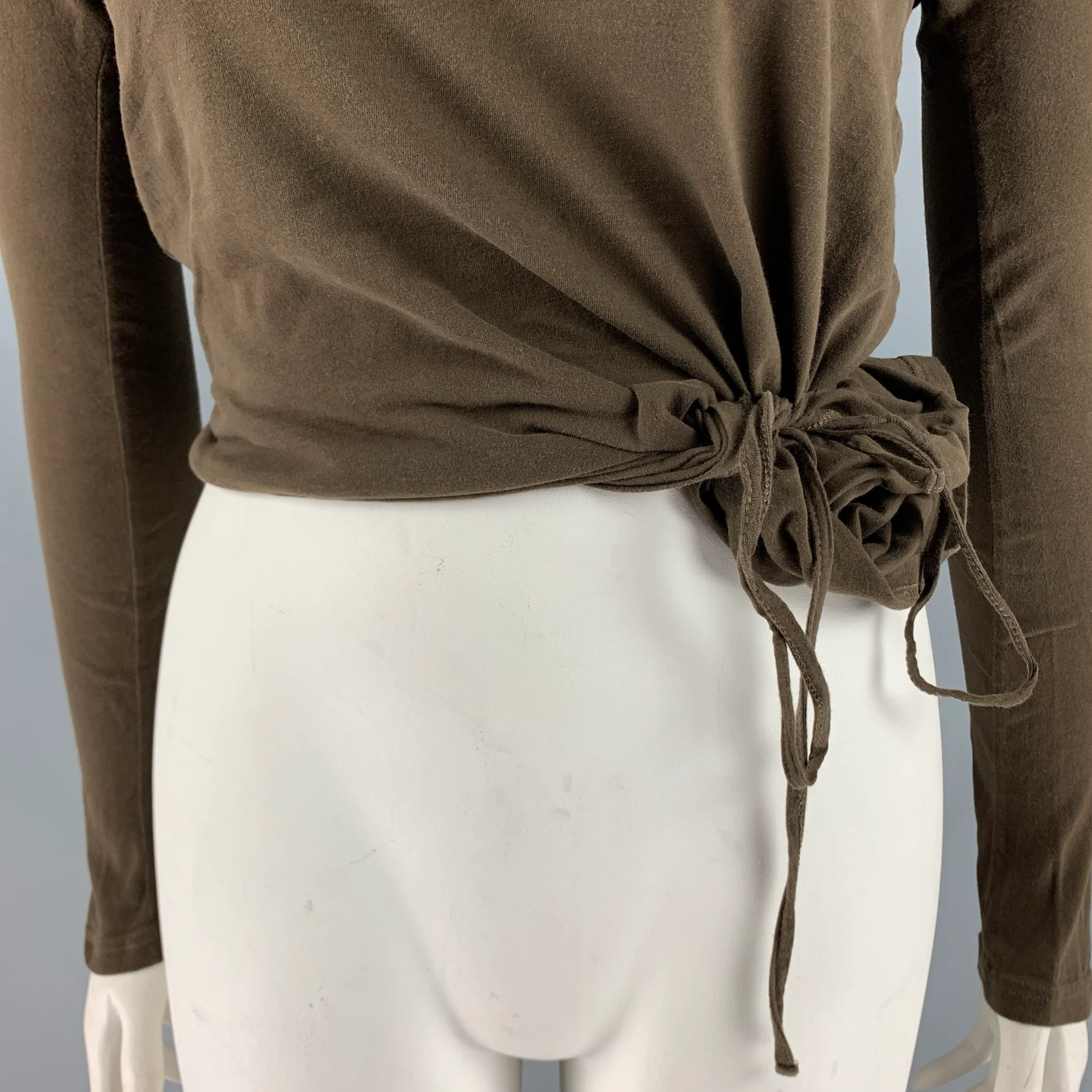 ANN DEMEULEMEESTER Size 8 Green Cotton Mock Neck Casual Top - Image 3