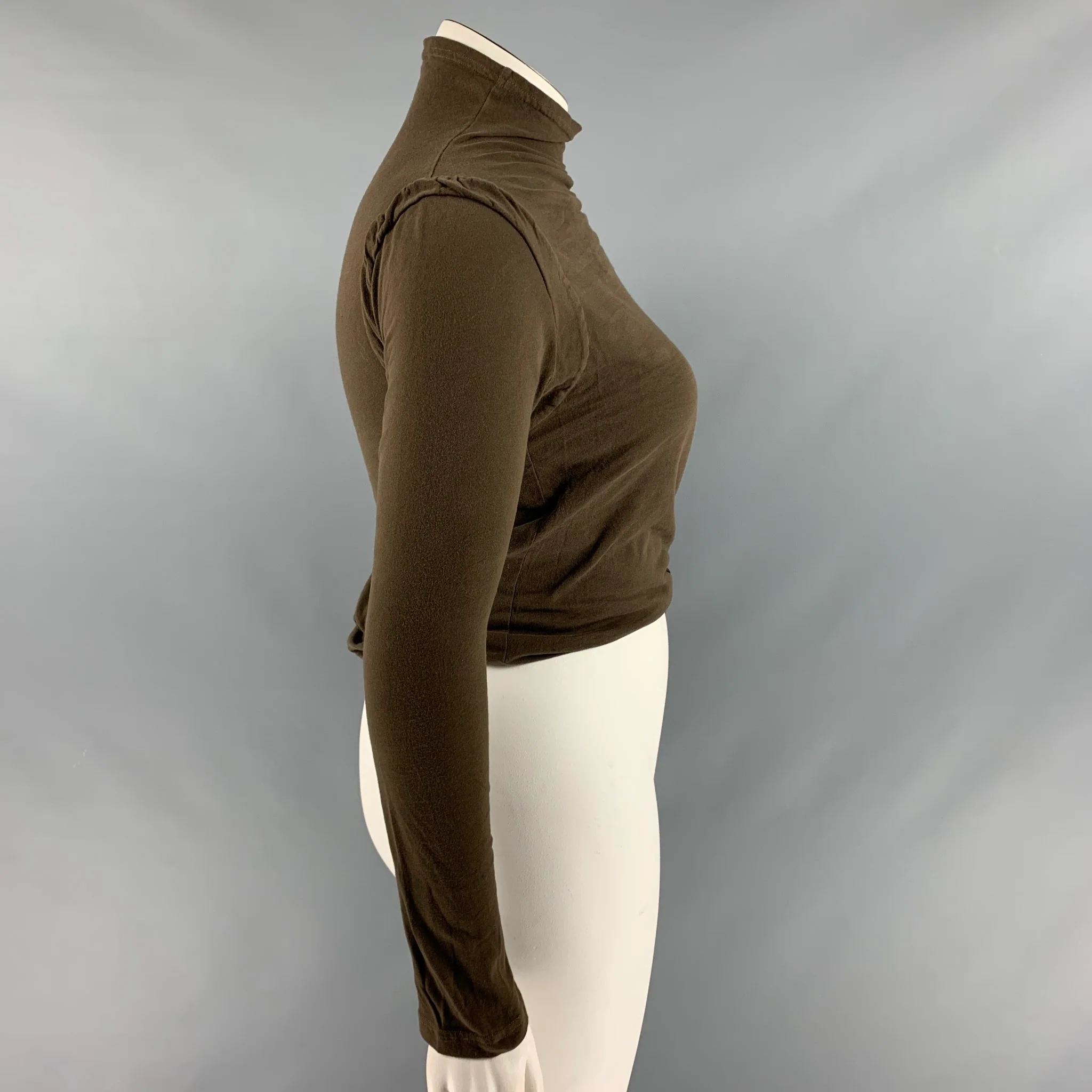 ANN DEMEULEMEESTER Size 8 Green Cotton Mock Neck Casual Top - Image 4