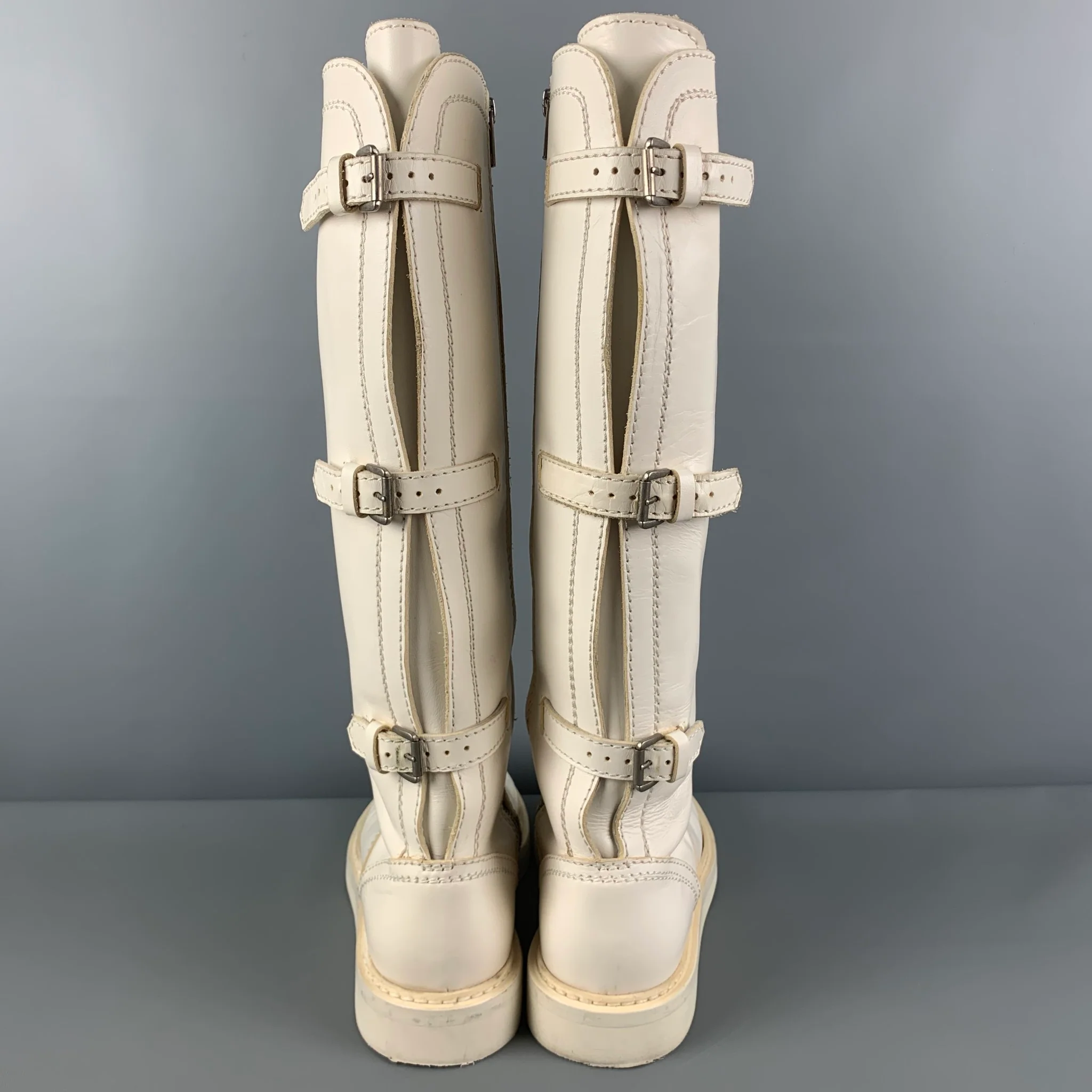 ANN DEMEULEMEESTER Size 8 White Leather Back Buckle Straps Boots - Image 4