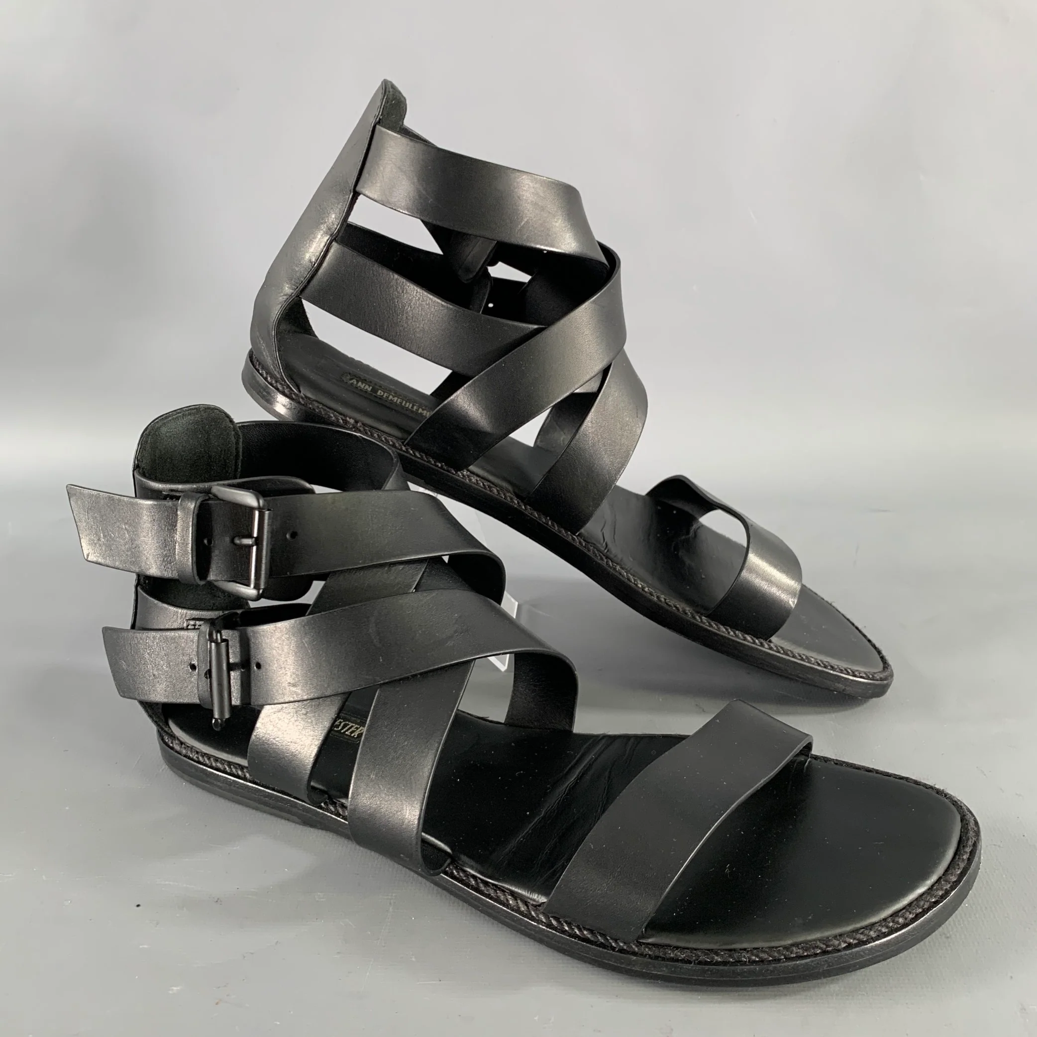 ANN DEMEULEMEESTER Size 9 Black Leather Strappy Sandals