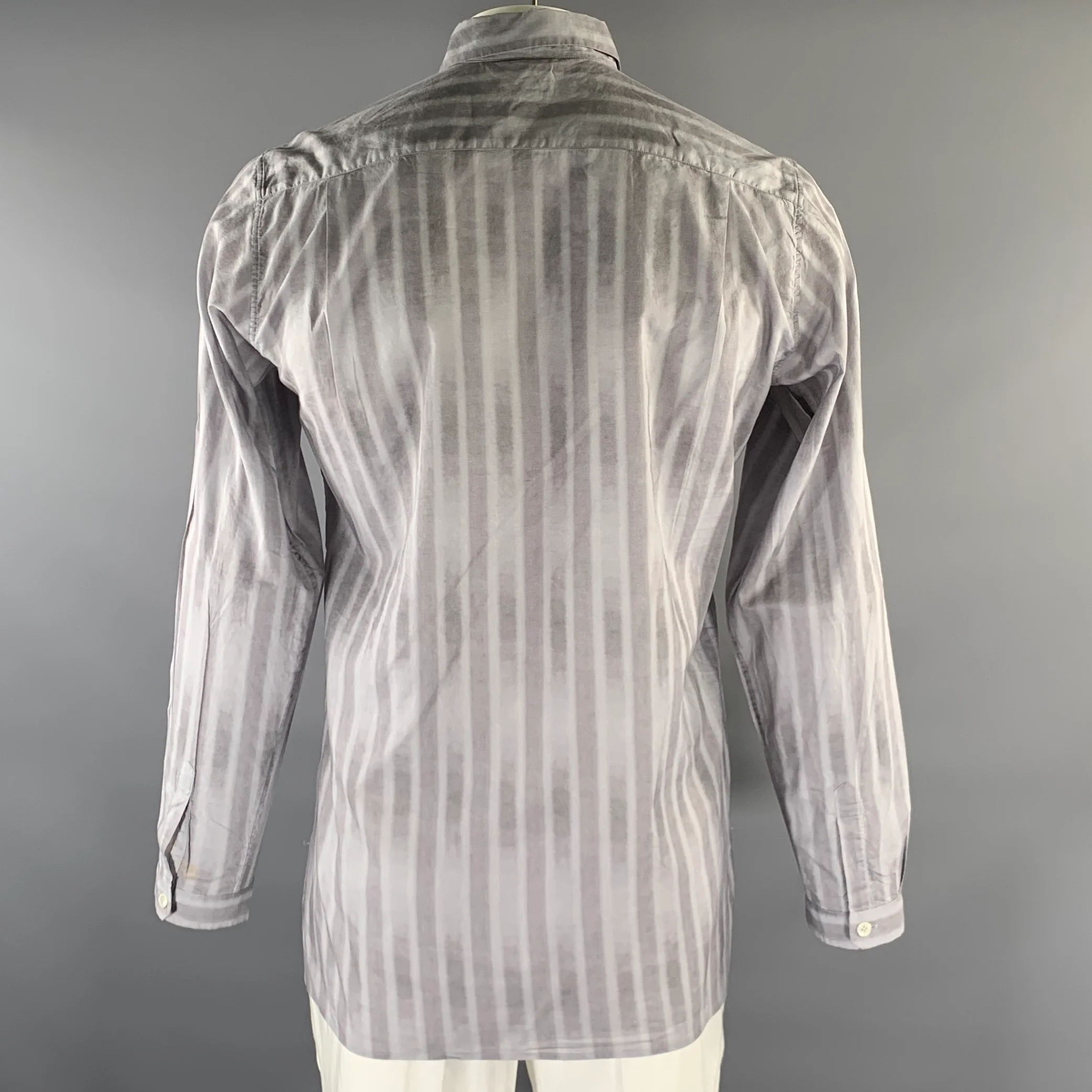 ANN DEMEULEMEESTER Size L Grey White Chalkstripe Cotton Long Sleeve Shirt - Image 3