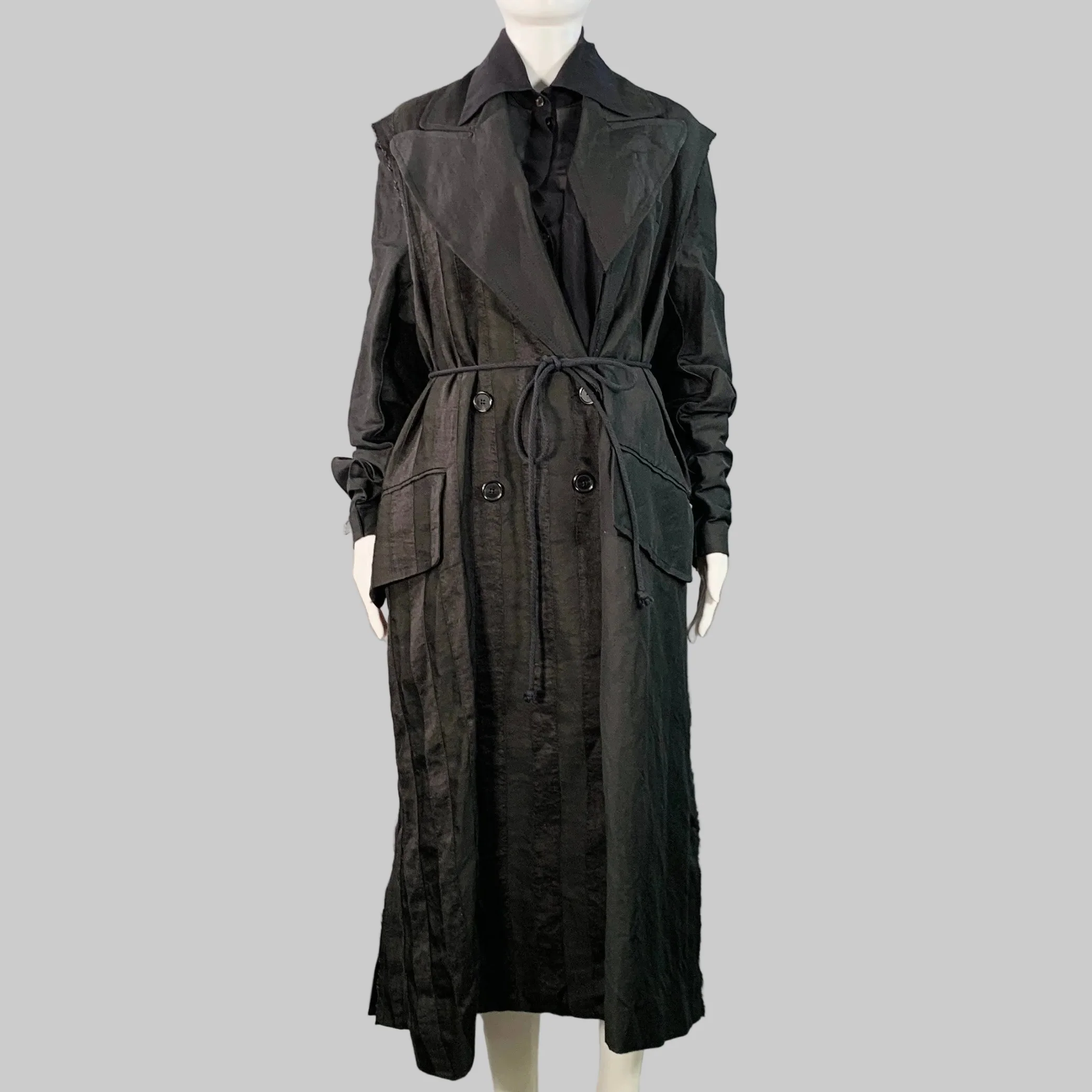 ANN DEMEULEMEESTER Size S Black Linen Blend Stripe Layered Double Breasted Trench Coat