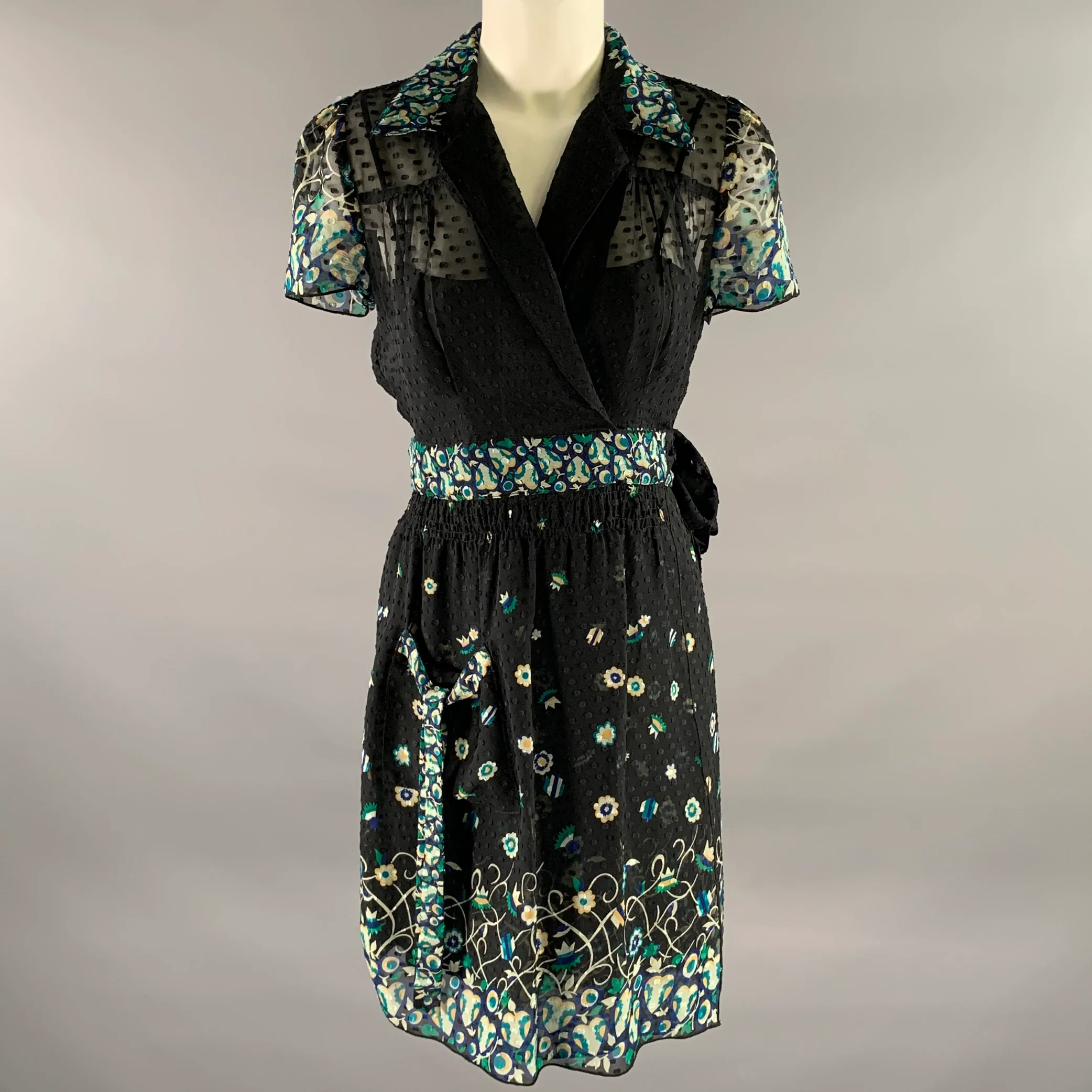 ANNA SUI Size 4 Black Blue Silk Floral Midi Knee-Length Dress