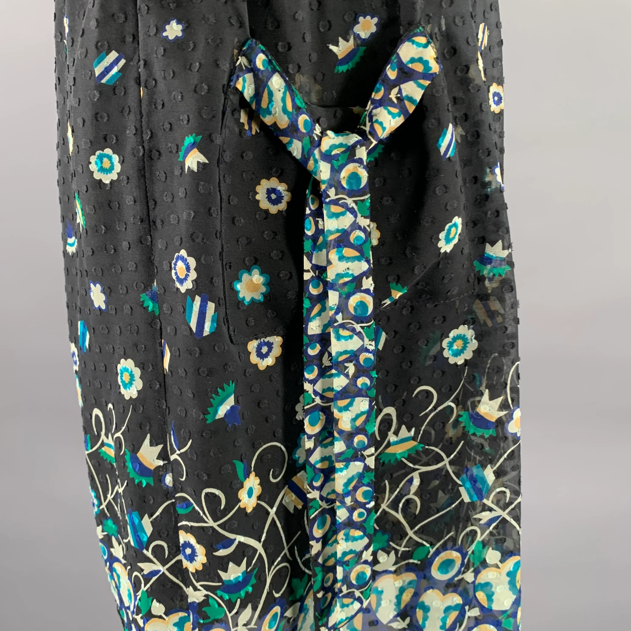 ANNA SUI Size 4 Black Blue Silk Floral Midi Knee-Length Dress - Image 6