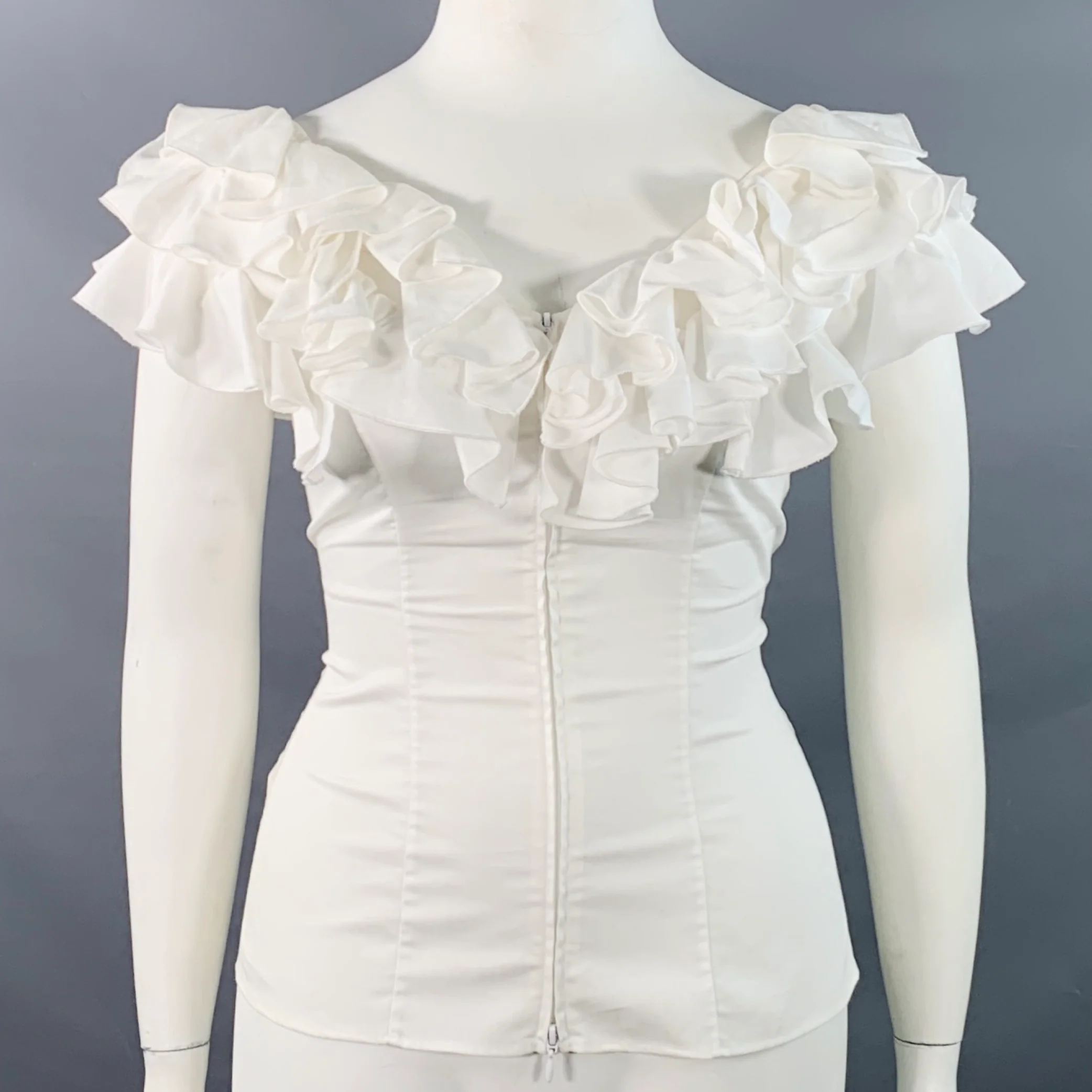 ANNE FONTAINE Size 10 White Cotton Ruffled Sleeveless Dress Top