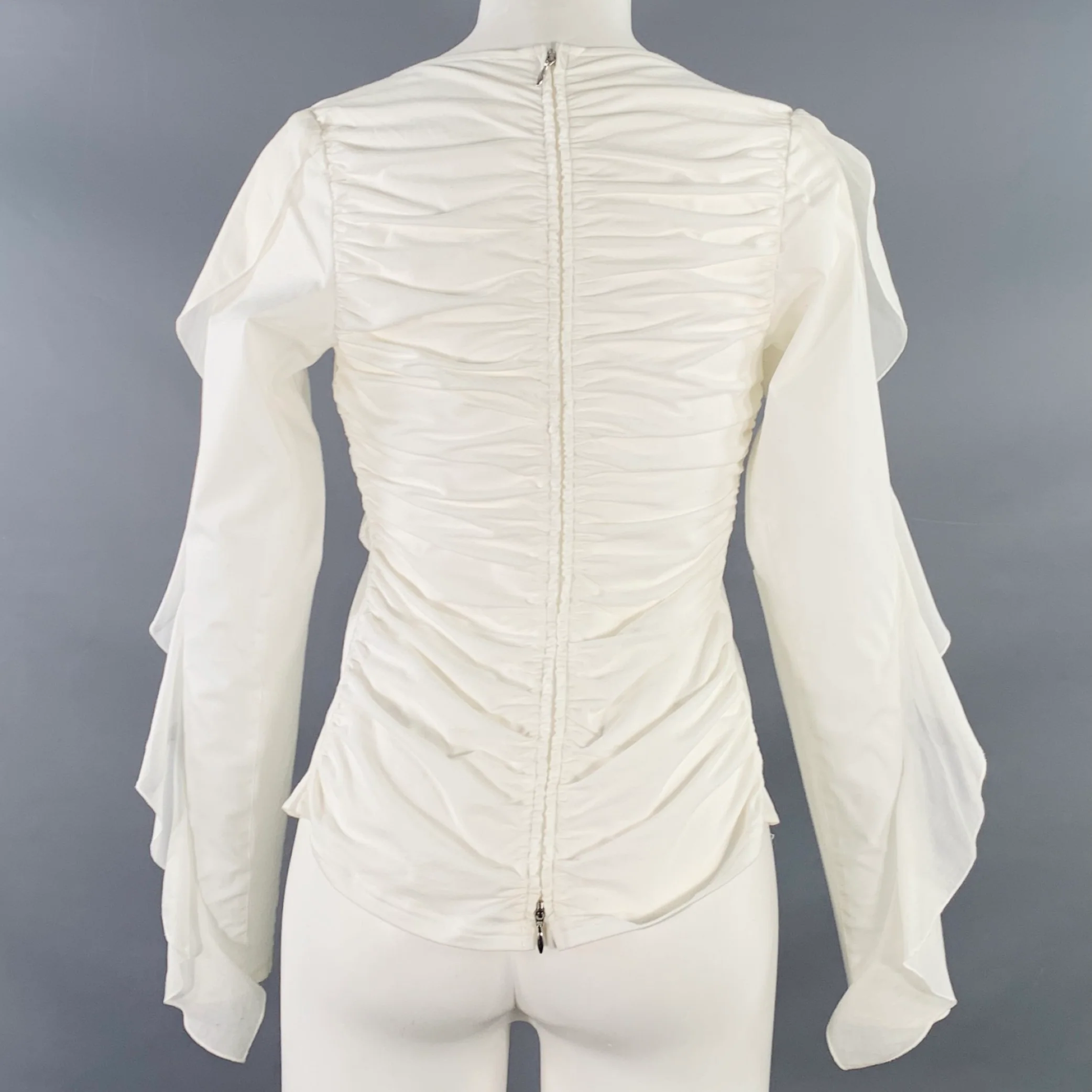 ANNE FONTAINE Size 4 Seleste White Cotton Blend Ruched Ruffled Long Sleeve Casual Top - Image 3