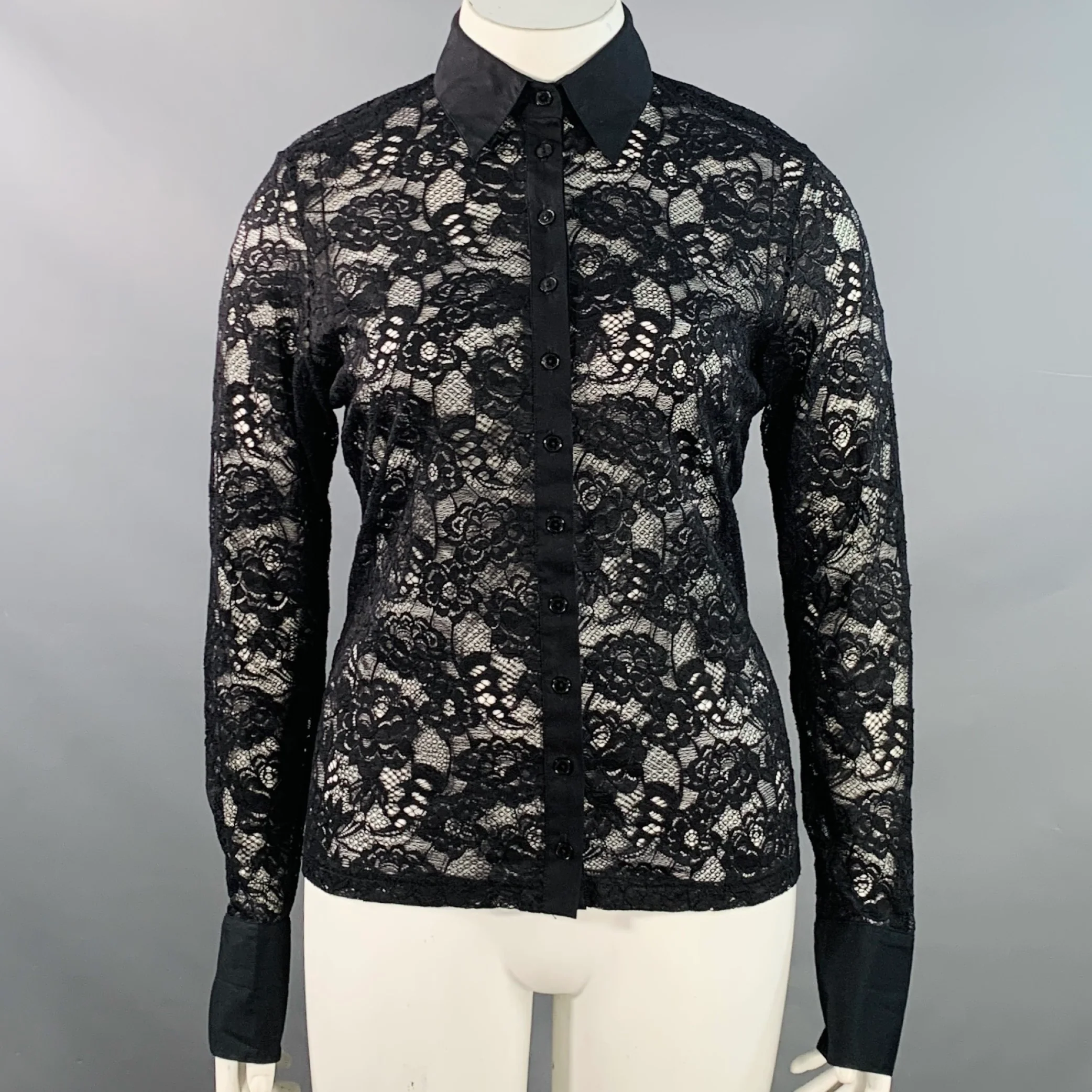 ANNE FONTAINE Size XL Black Stretchy Lace Point Collar Blouse