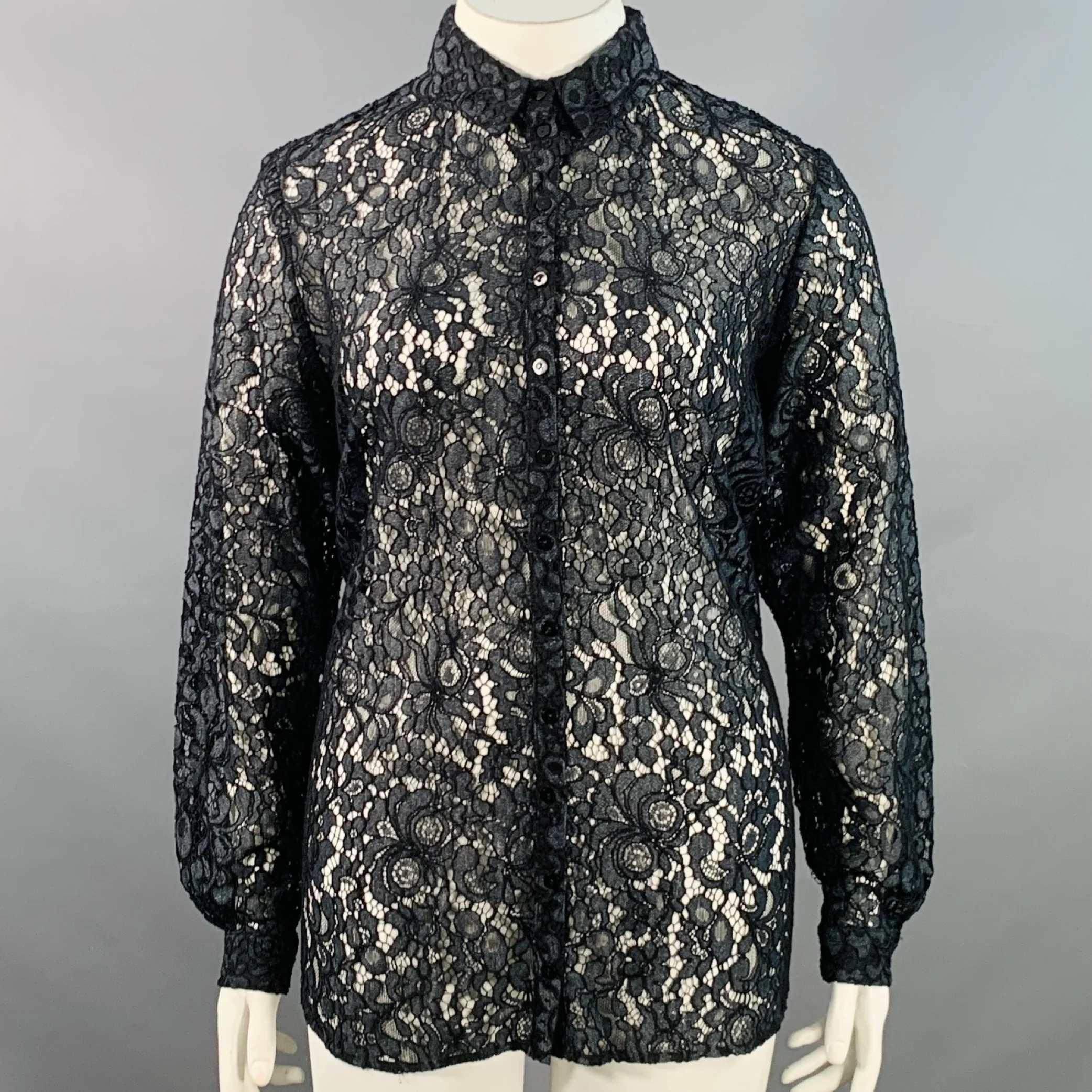 ANNE FONTAINE Size XL Selia Grey Black Polyamide Cotton Blend Lace Button Up Blouse