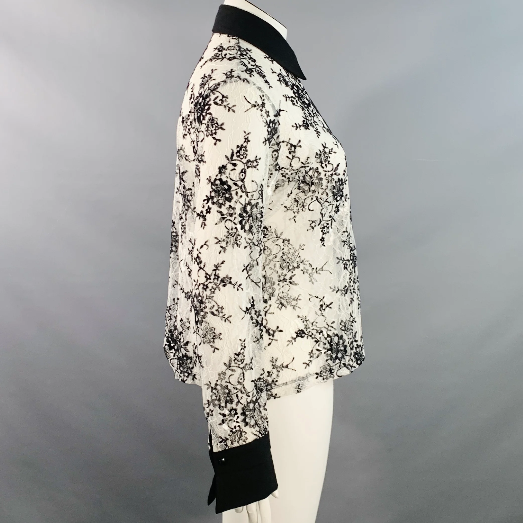ANNE FONTAINE Size XL Solly White Black Polyamide Lace Burnout Contrast Trim Blouse - Image 3