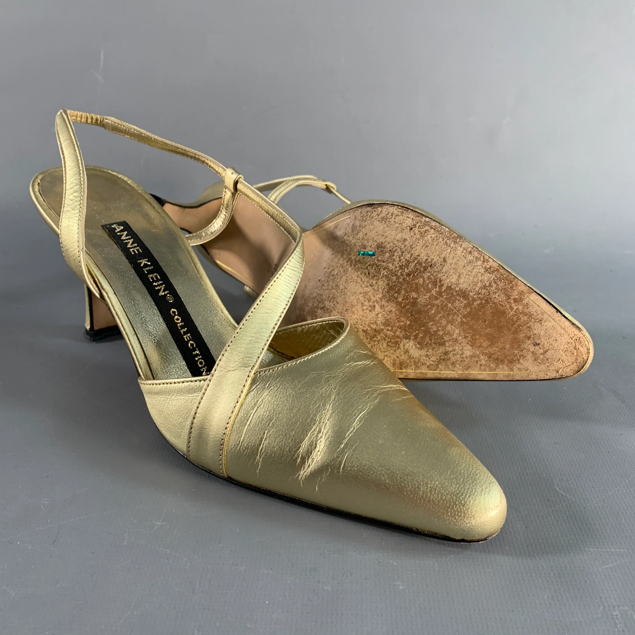 ANNE KLEIN Size 6.5 Gold Leather Ankle Strap Pumps - Image 5