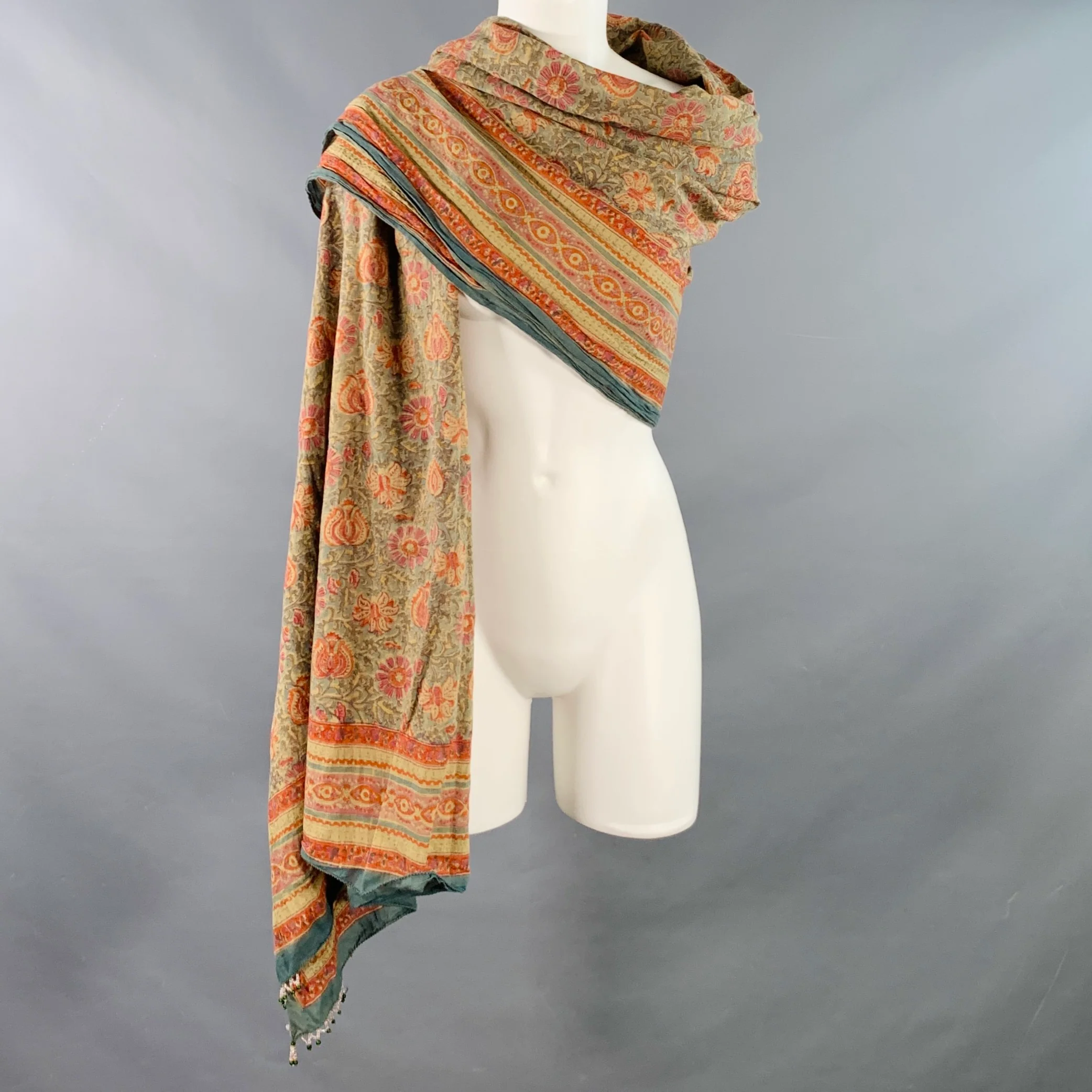 ANOKHI Green Multi Color Floral Cotton Beaded Scarf Shawl - Image 6