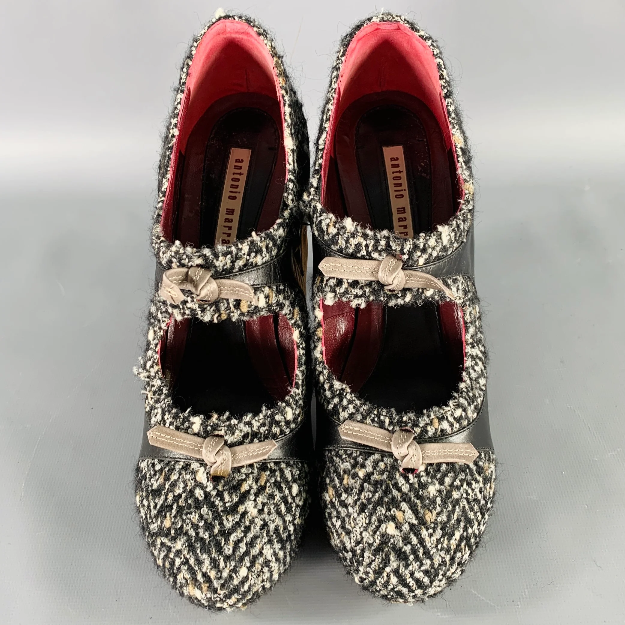 ANTONIO MARRAS Size 8 Black White Wool Tweed Leather Trim Stiletto Heels Pumps - Image 4