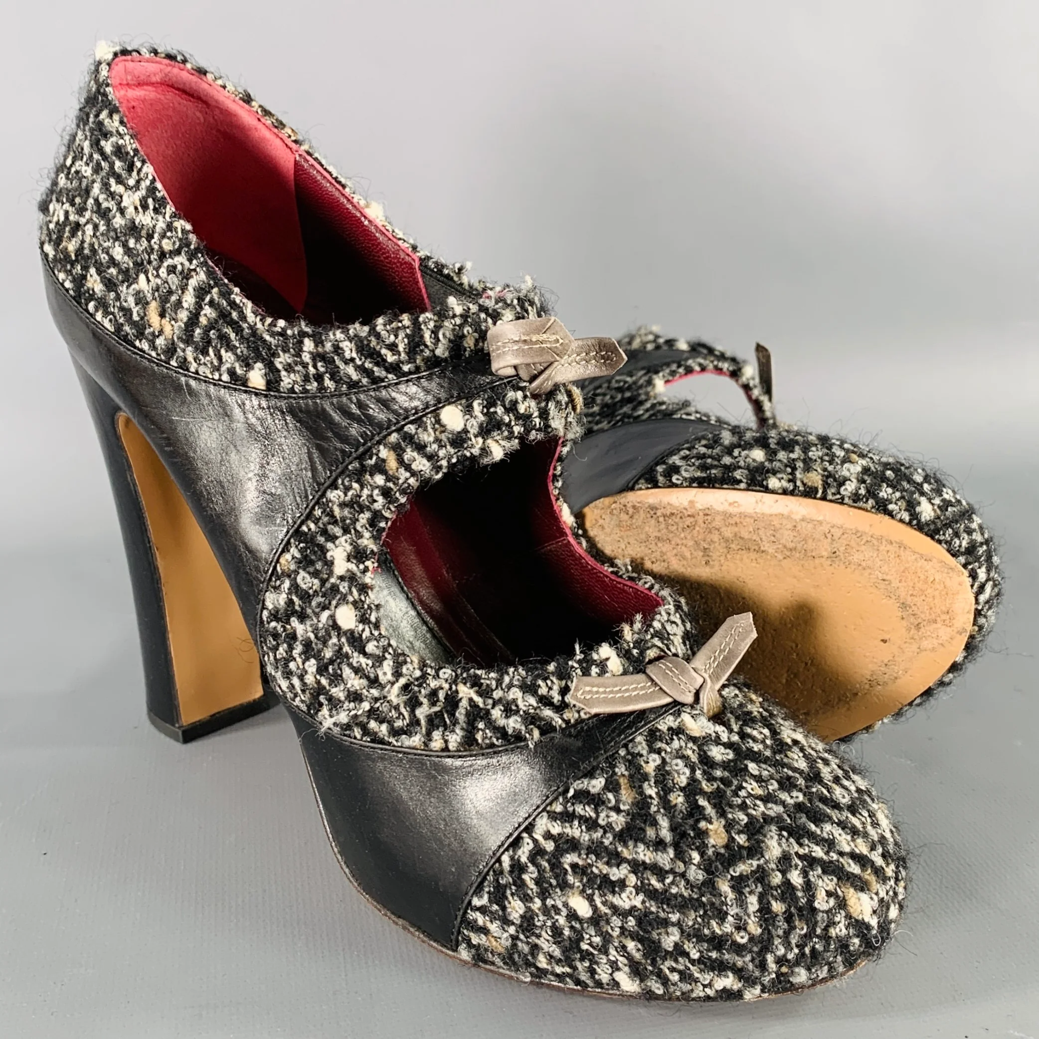 ANTONIO MARRAS Size 8 Black White Wool Tweed Leather Trim Stiletto Heels Pumps - Image 5