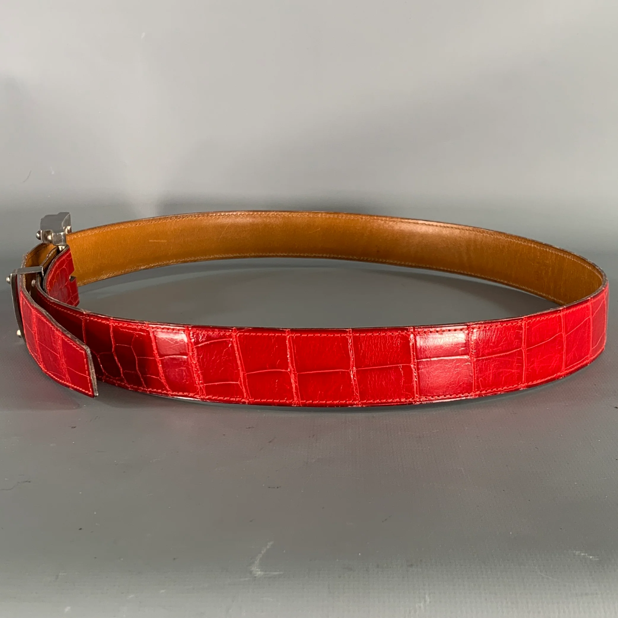 APRIL in PARIS Size 34 Red Nubuck Crocodile Belt - Image 5