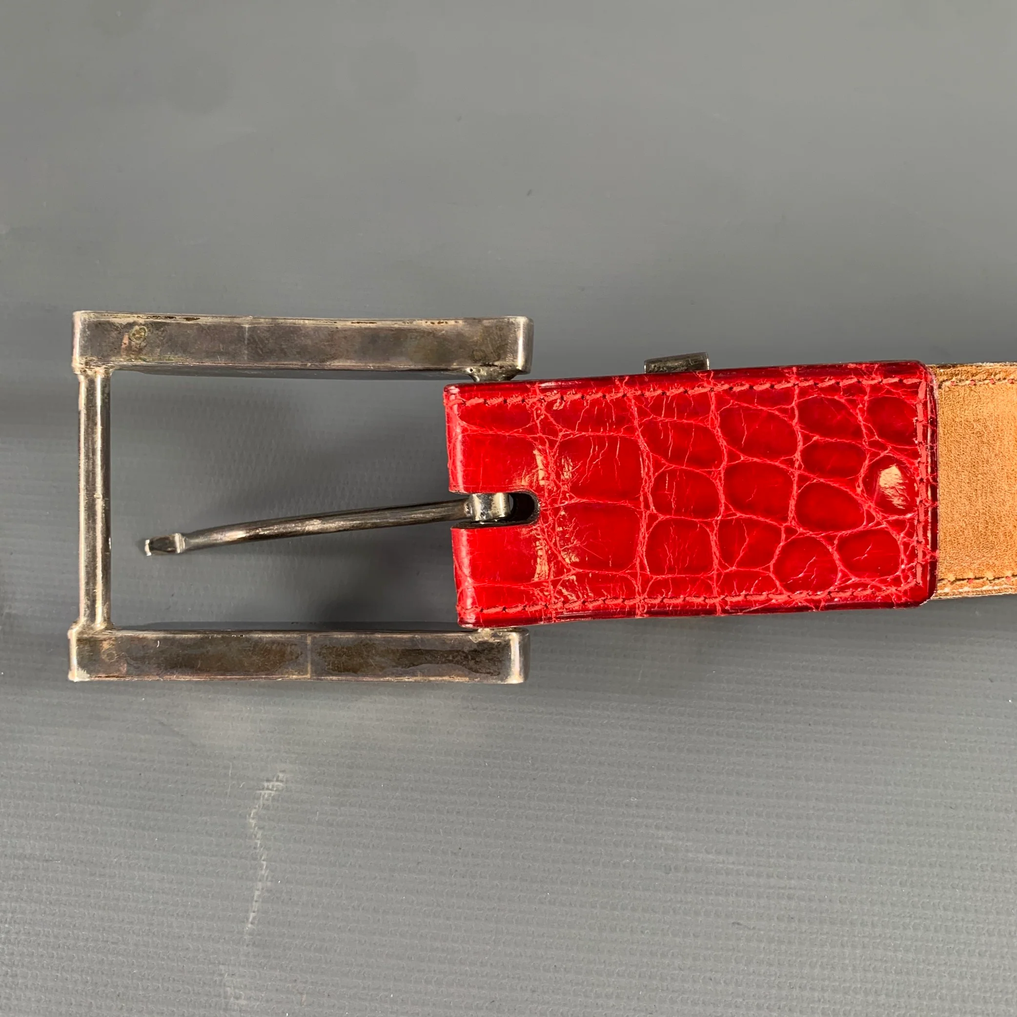APRIL in PARIS Size 34 Red Nubuck Crocodile Belt - Image 7