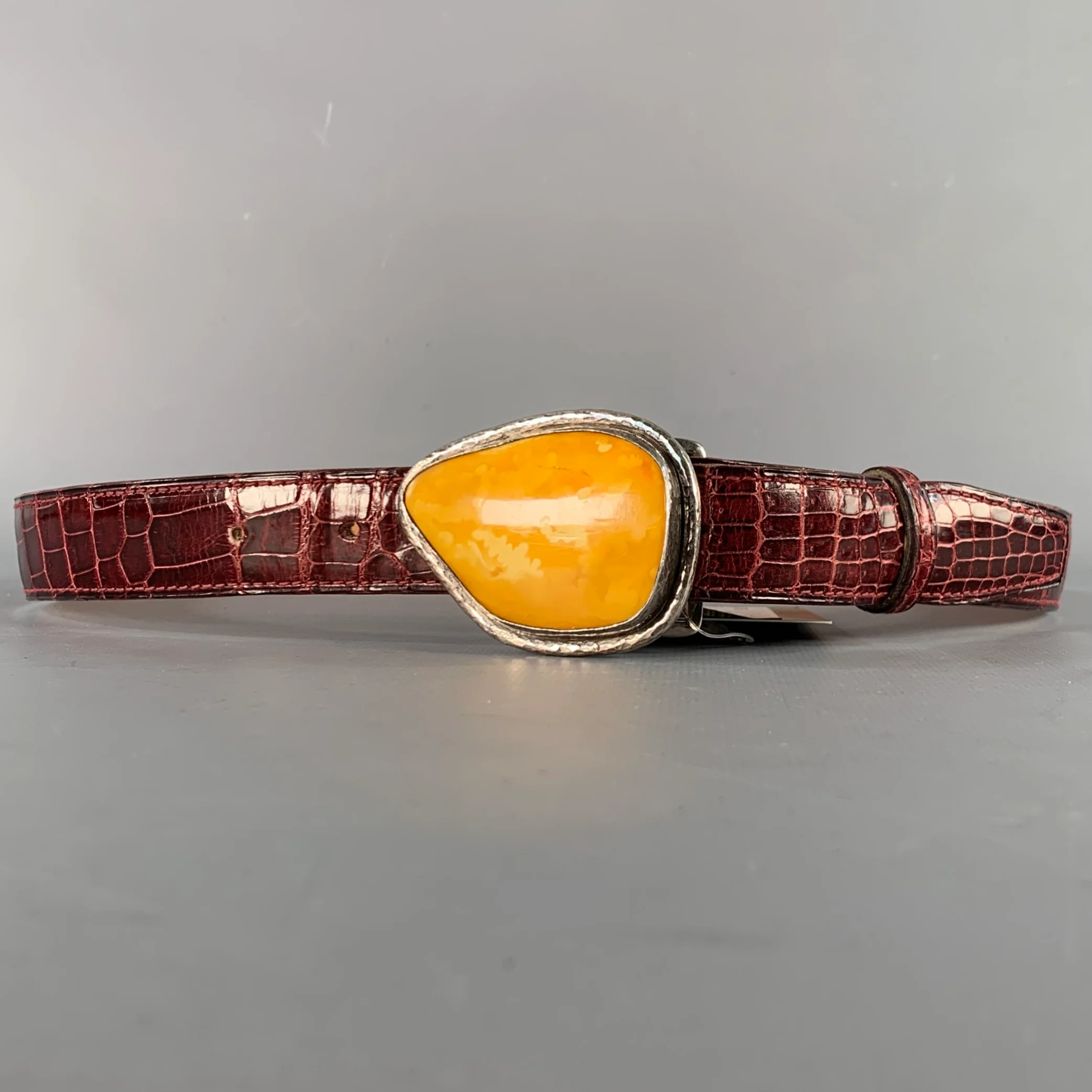 APRIL in PARIS Size S Burgundy Yellow Embossed Sterling Silver Belt