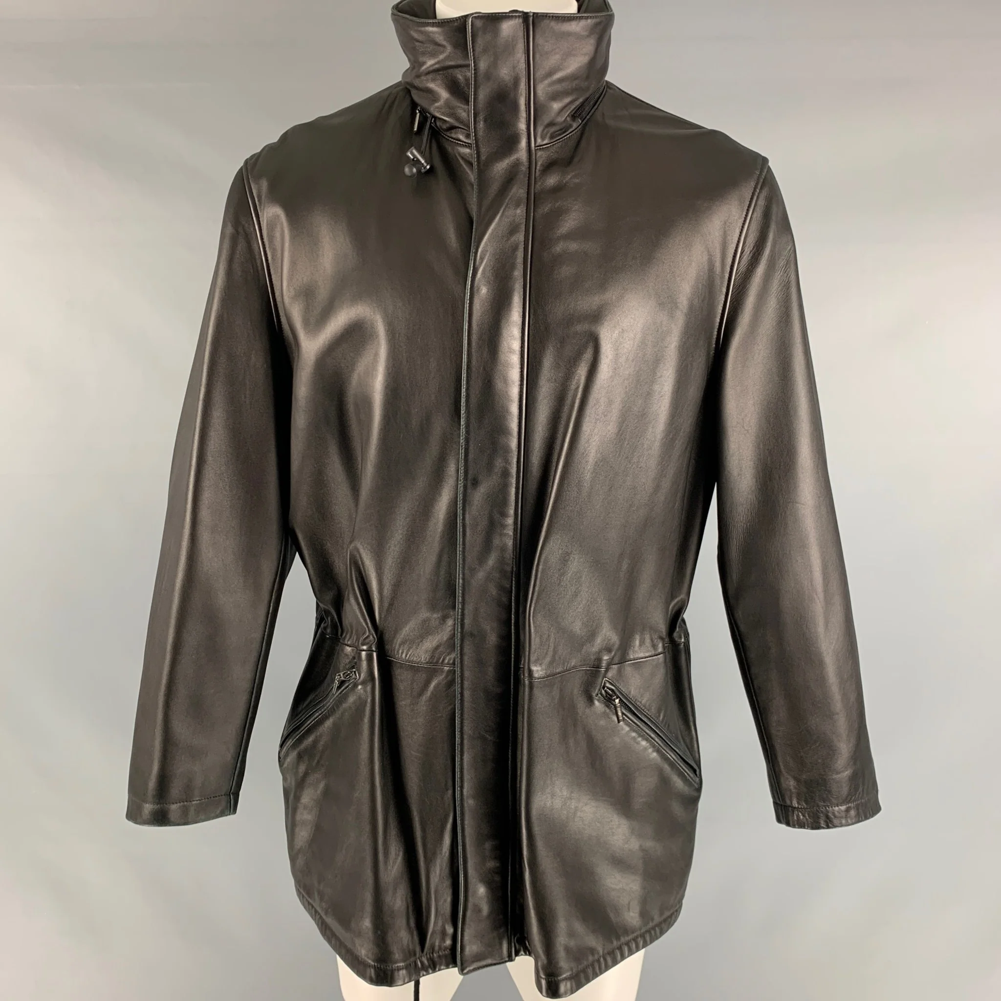 ARMANI COLLEZIONI Size 38 Black Solid Leather Drawstring Jacket