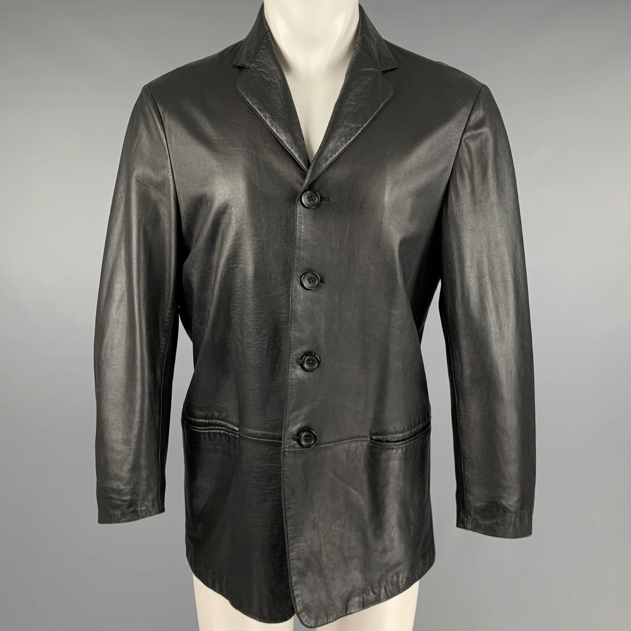 ARMANI COLLEZIONI Size 40 Black Leather Notch Lapel Jacket