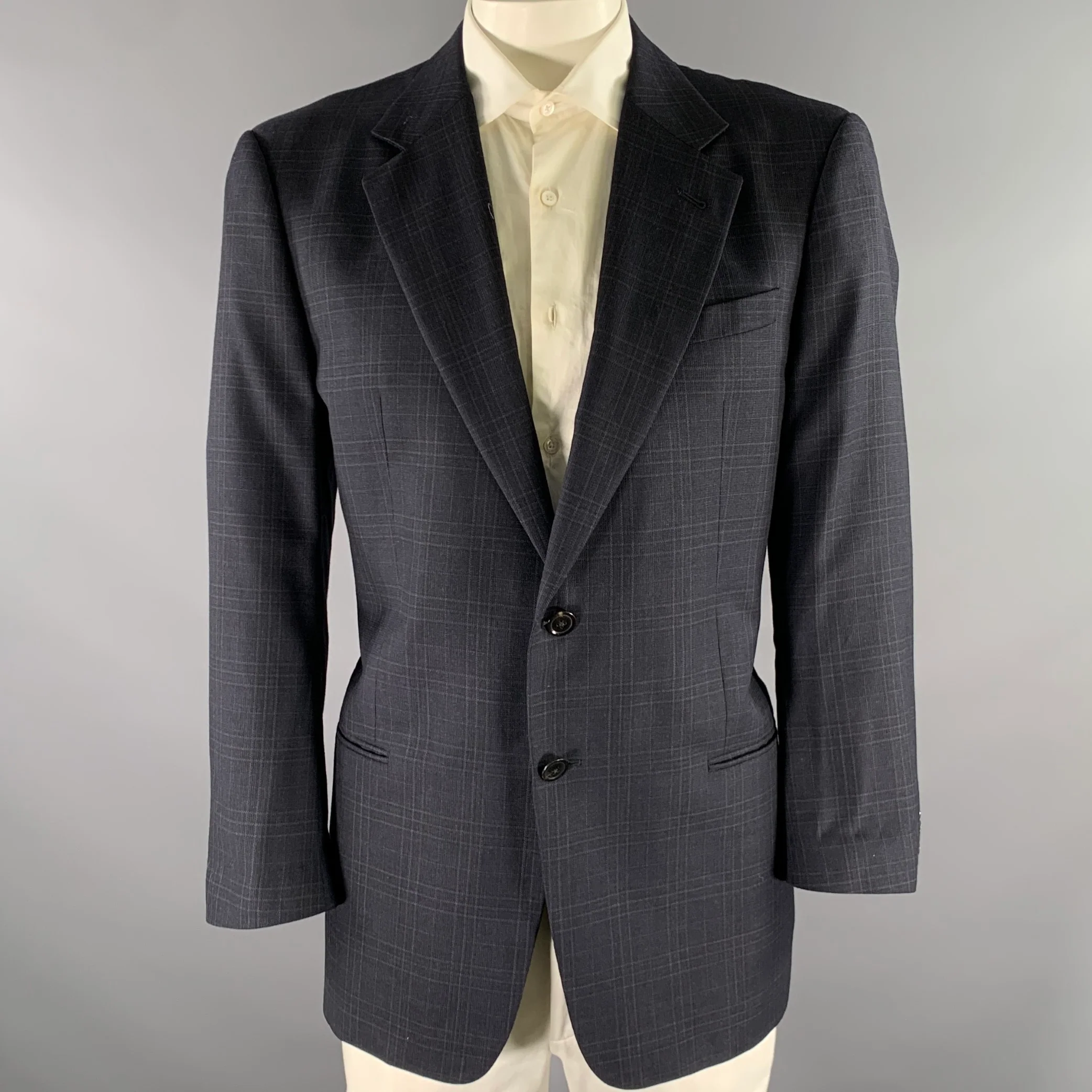 ARMANI COLLEZIONI Size 44 Navy Plaid Wool Notch Lapel Sport Coat
