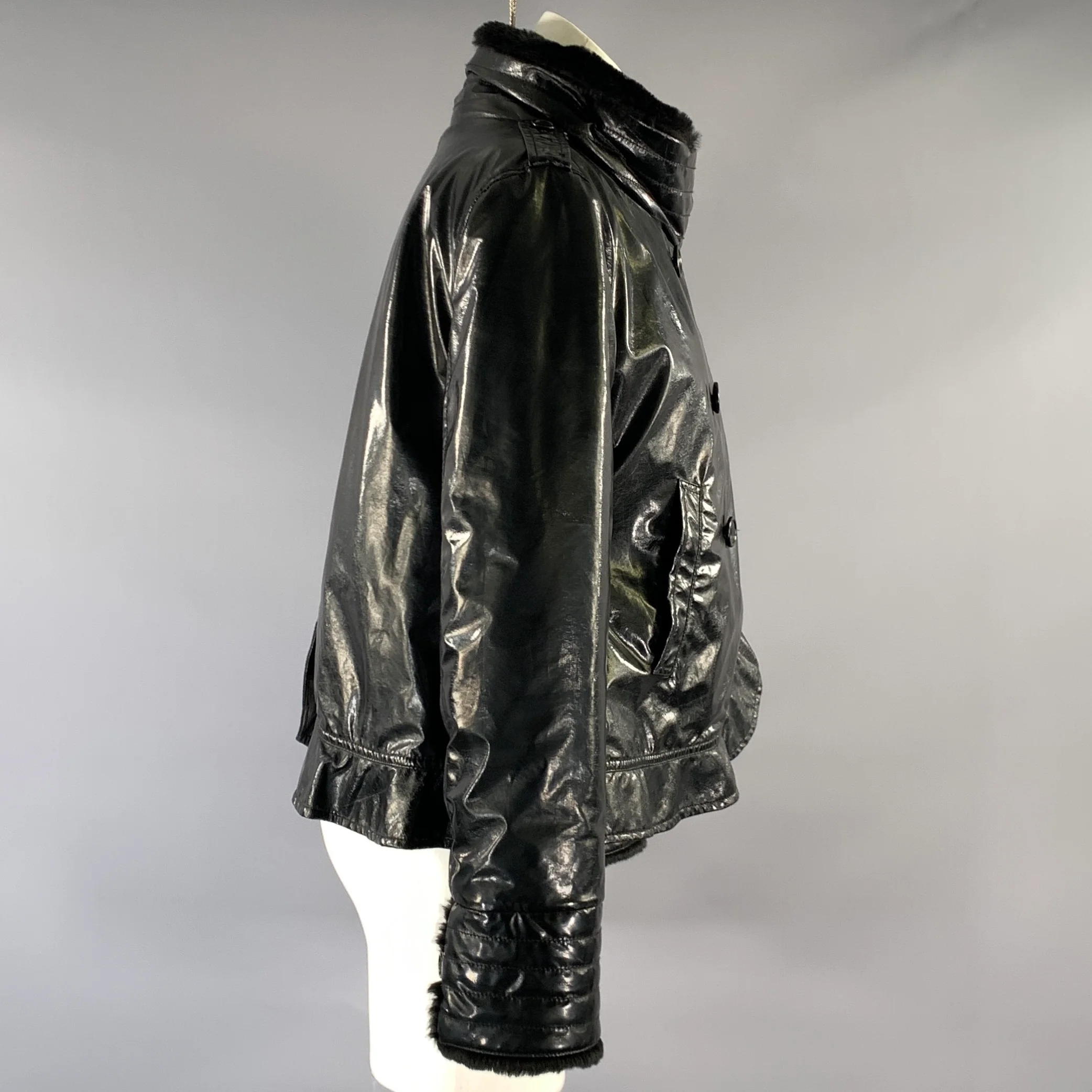 ARMANI COLLEZIONI Size 6 Black Polyurethane Ruffled Double Breasted Coat - Image 3