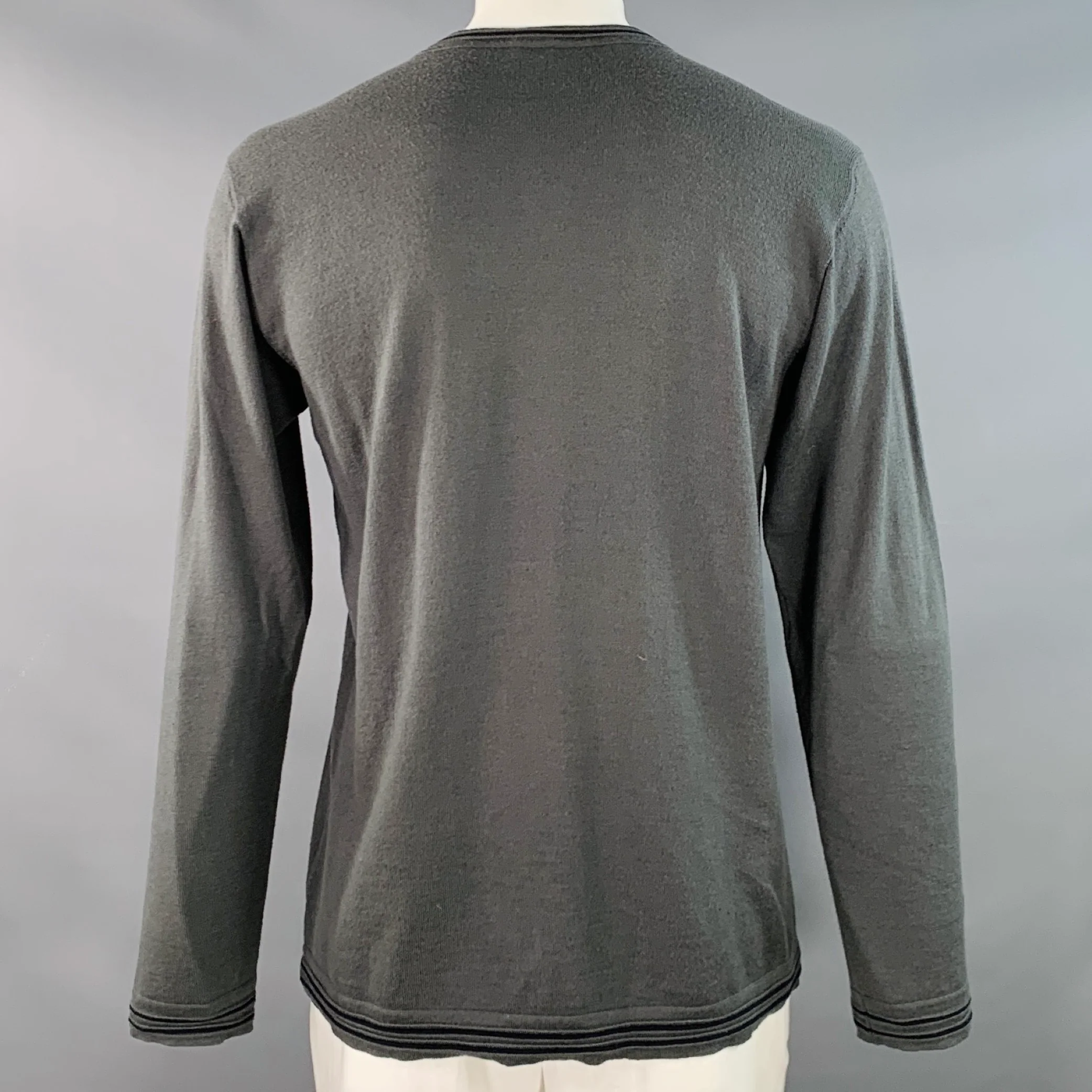 ARMANI COLLEZIONI Size L Grey Black Contrast Trim Virgin Wool Cotton V-Neck Pullover - Image 4