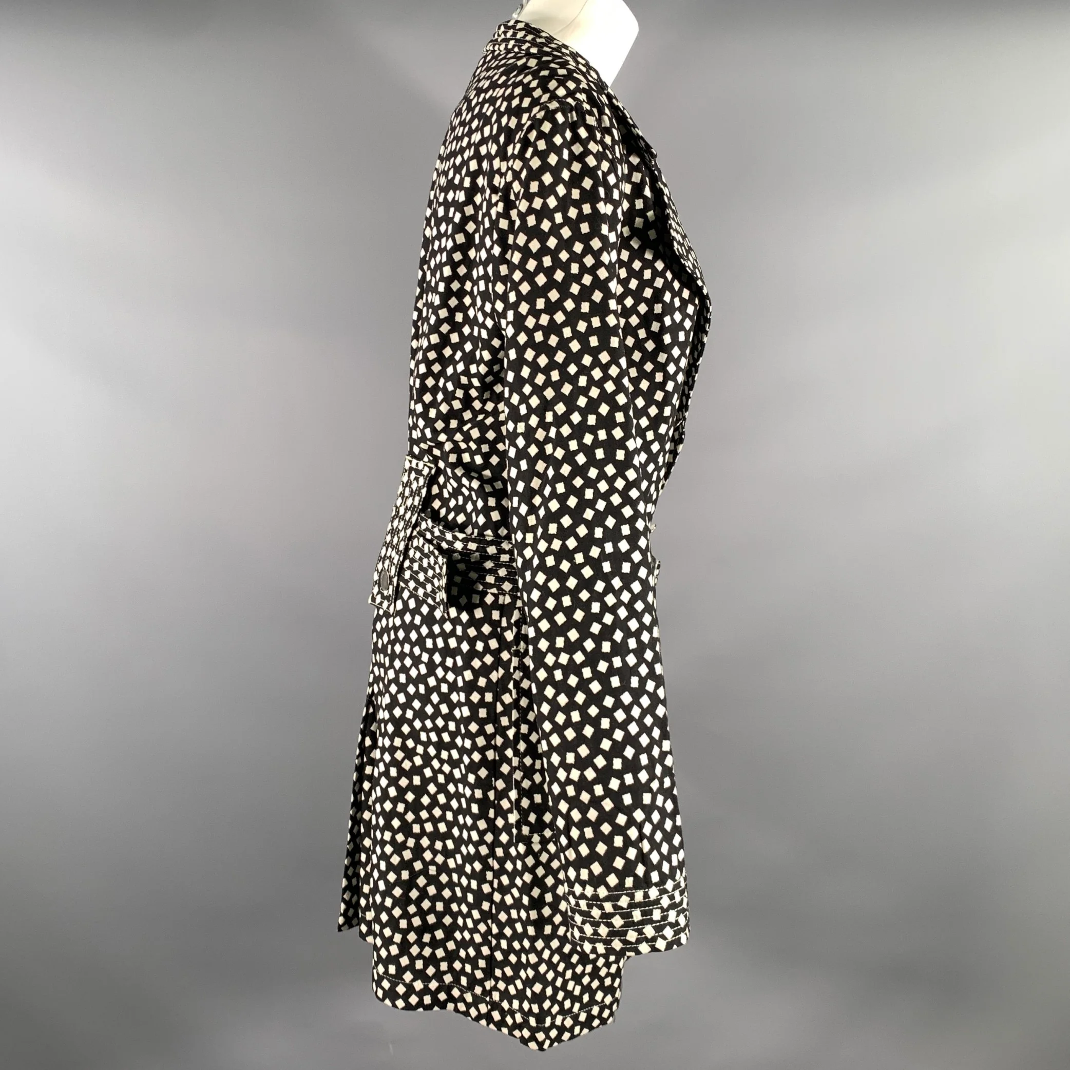 ARMANI COLLEZIONI Size M Black White Cotton Blend Squares Trench Coat - Image 3