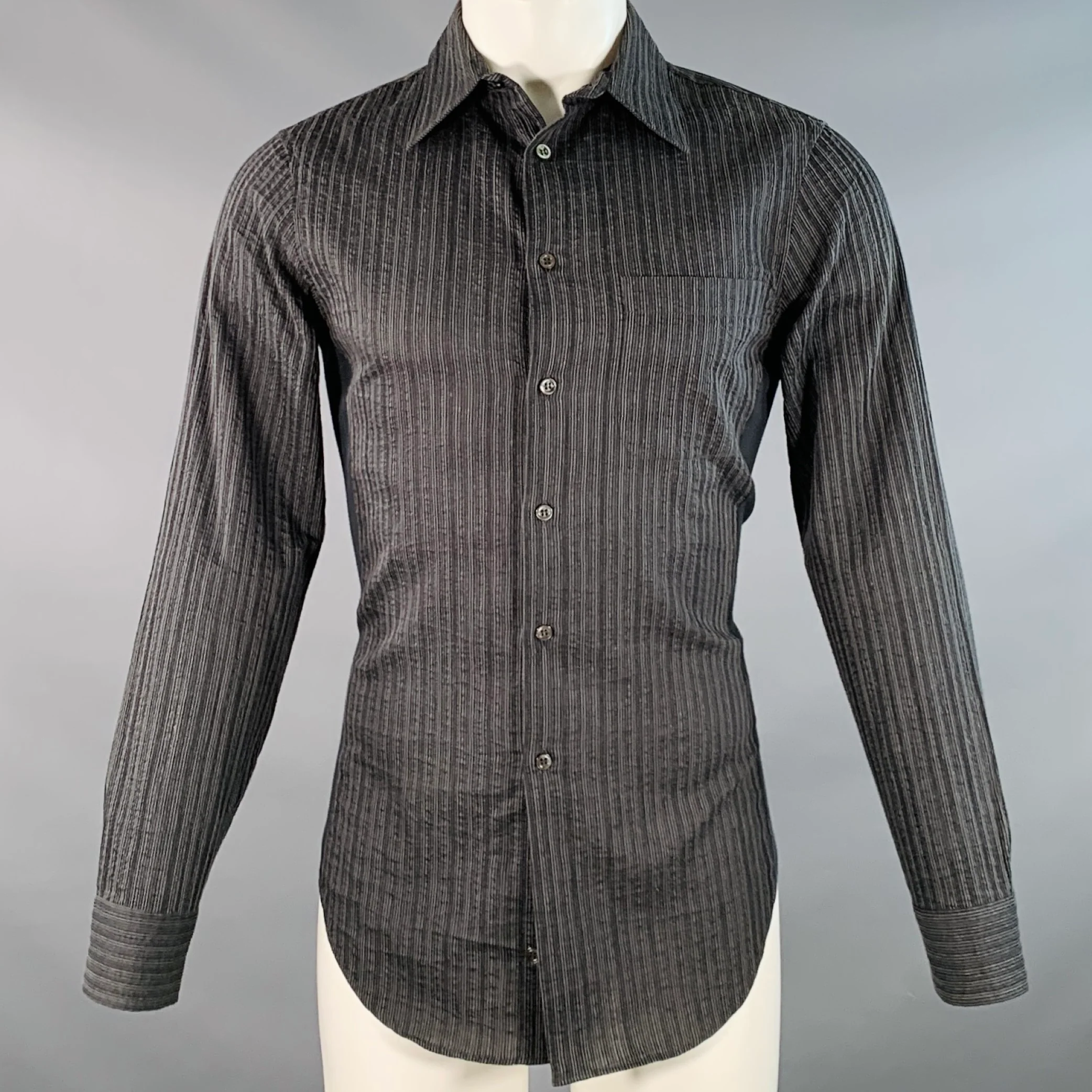 ARMANI COLLEZIONI Size S Grey Black Seersucker Stripe Cotton Blend Long Sleeve Shirt
