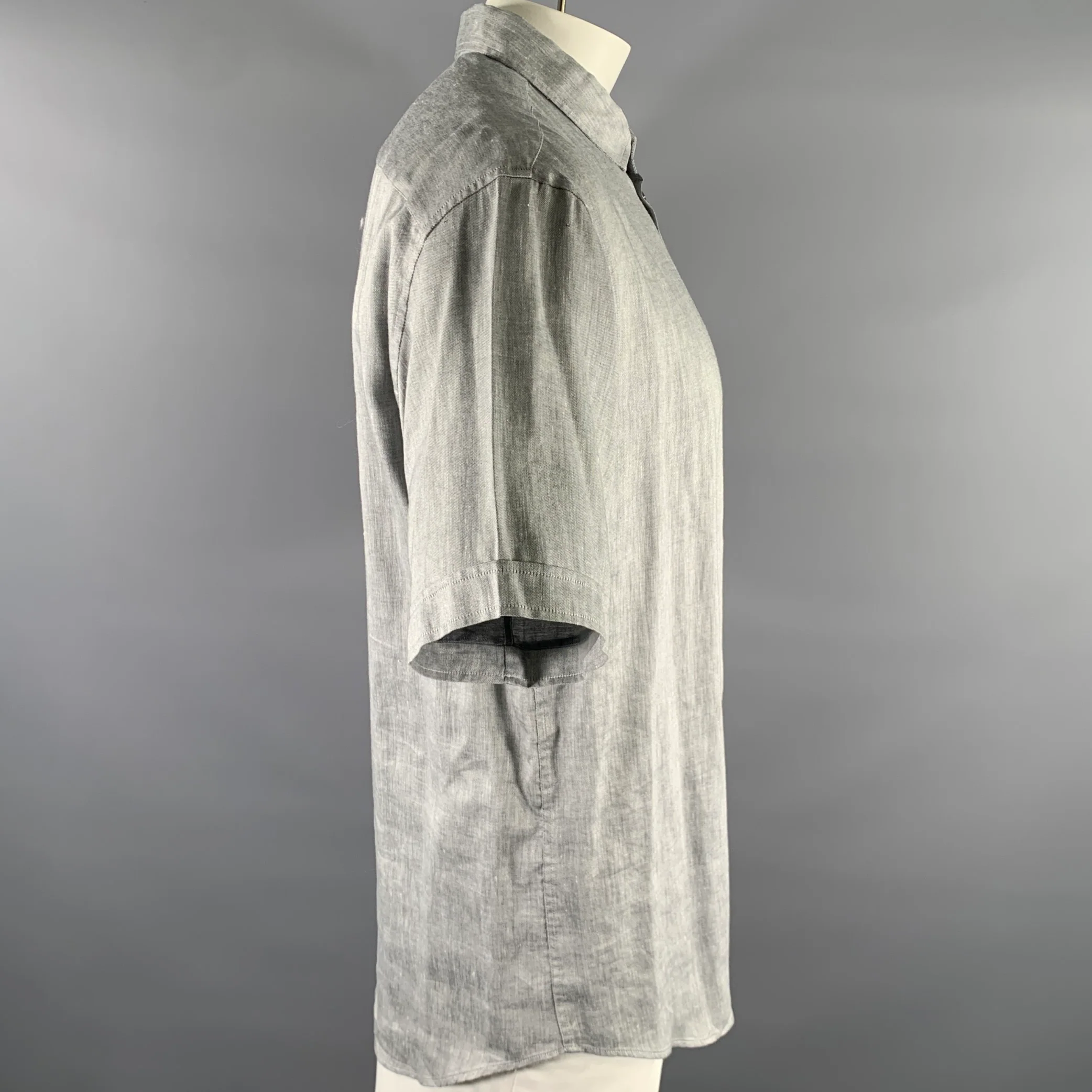 ARMANI COLLEZIONI Size XXL Grey Chambray Short Sleeve Shirt - Image 3