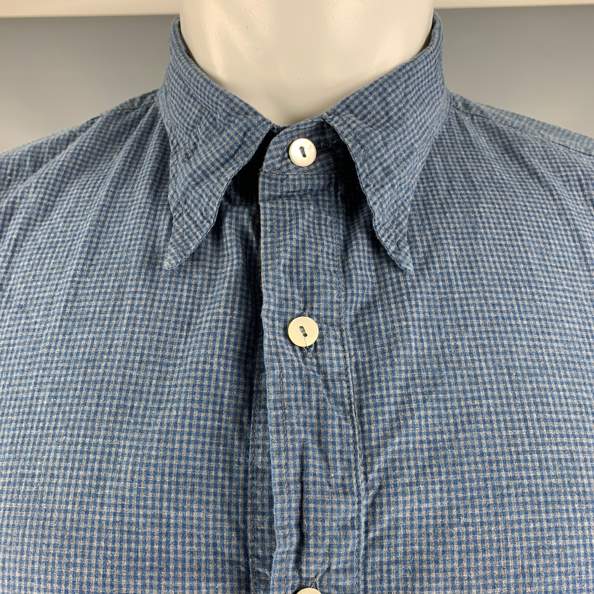 ARPENTEUR Size M Blue Grey Checkered Cotton Pull On Long Sleeve Shirt - Image 2