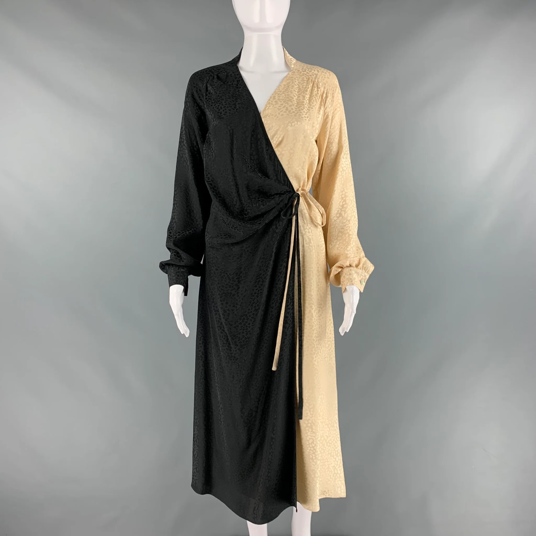 ART DEALER Size XS Beige Black Silk Jacquard Animal Wrap Long Dress