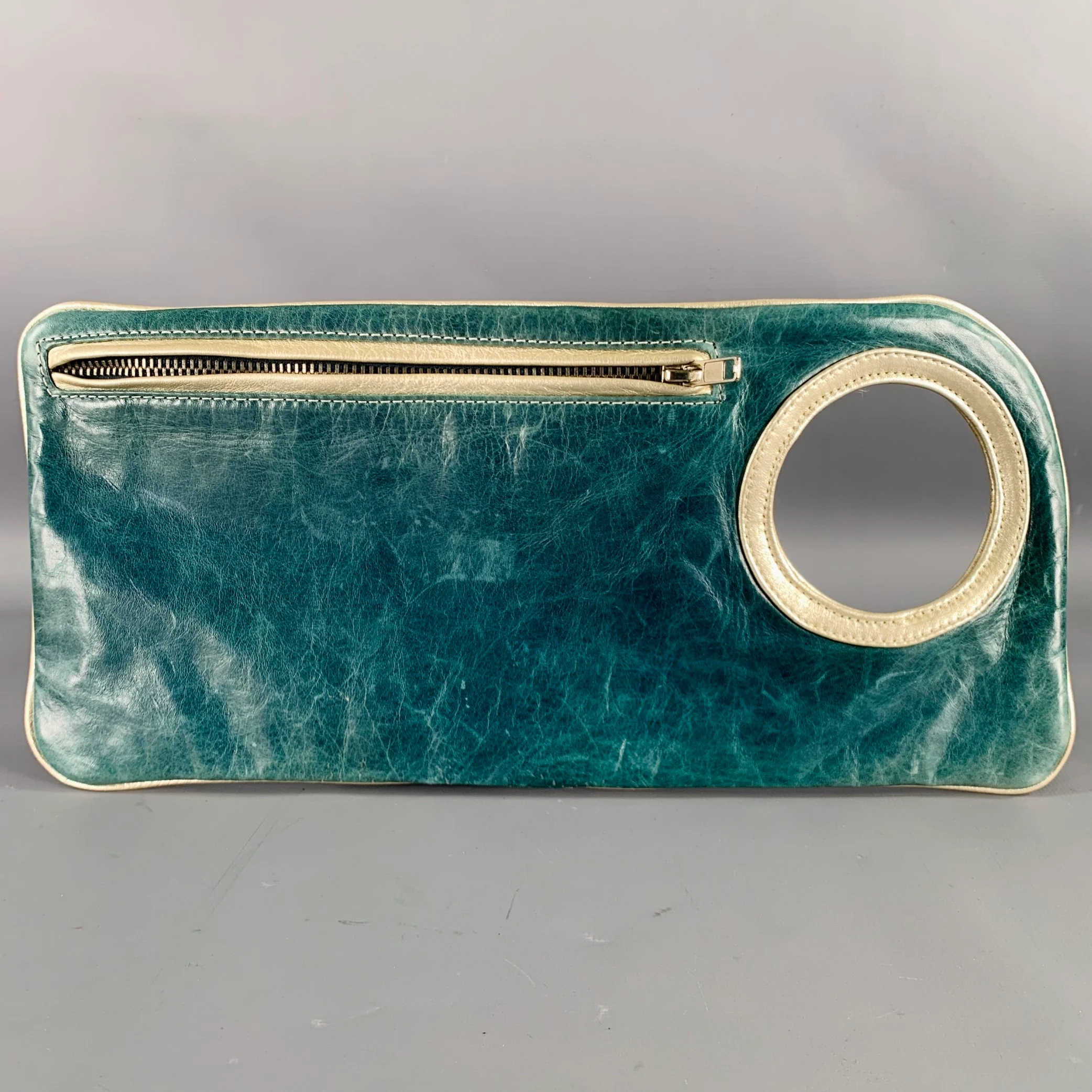 ARZA -Hands-Free- Green Silver Leather Clutch Handbag