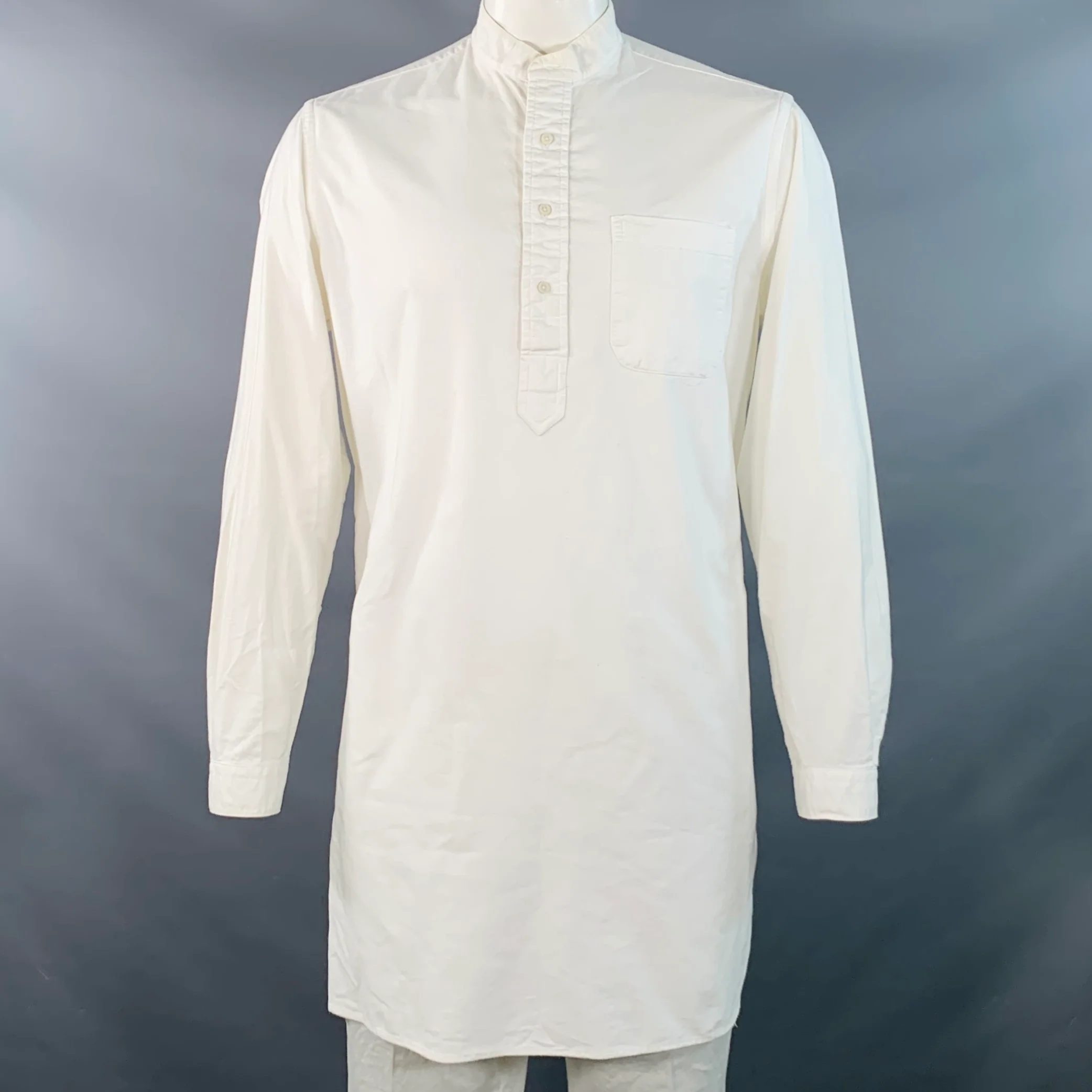 ASHLAND SHIRT & PAJAMA CO. Size L White Cotton Half Placket One Pocket Long Sleeve Shirt