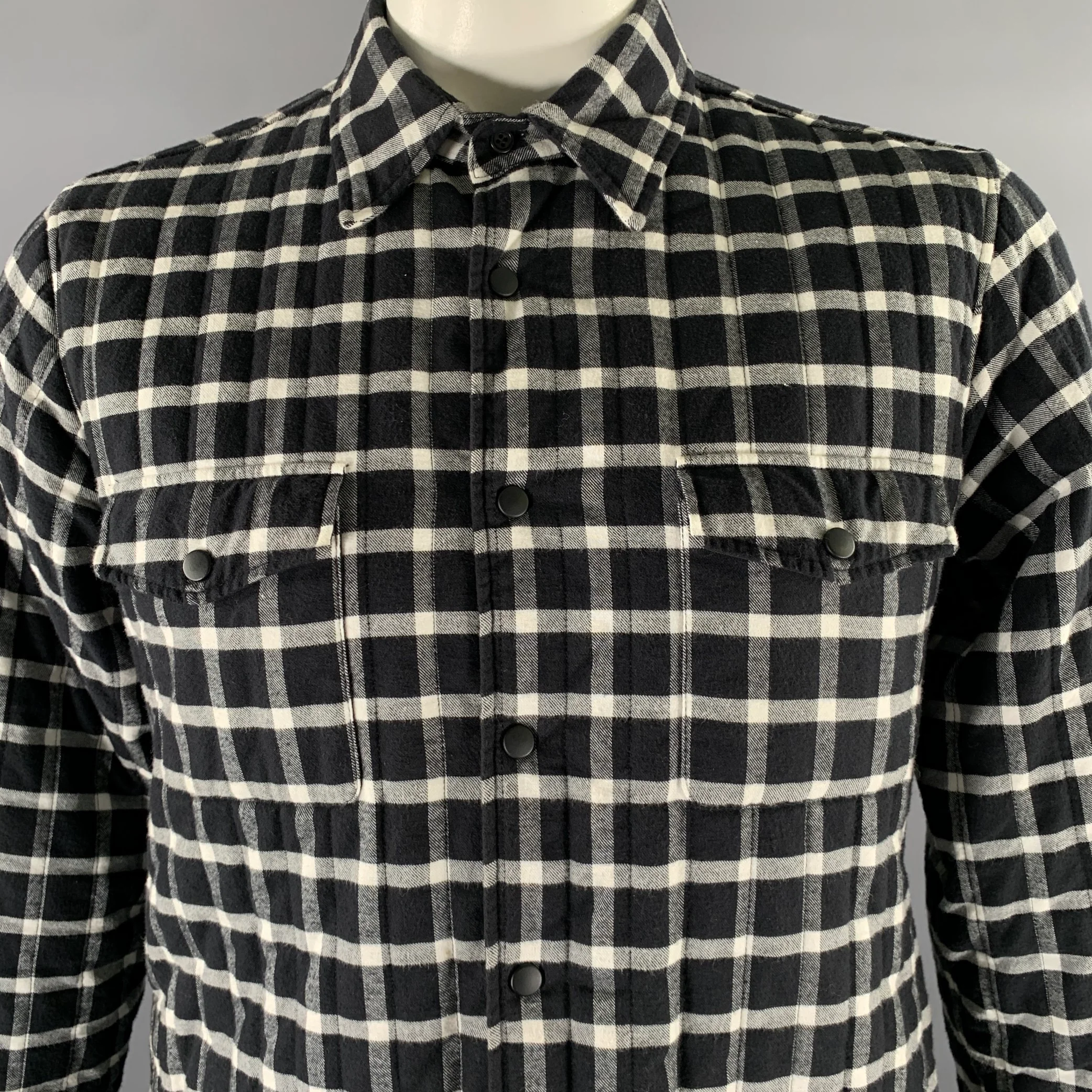 ASPESI Size L Black White Plaid Quilted Cotton Shirt Jacket - Image 2