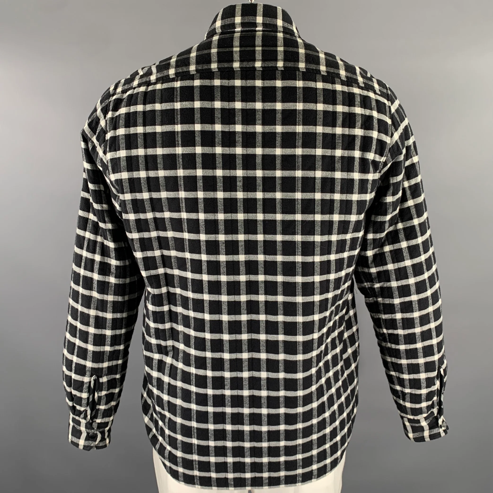ASPESI Size L Black White Plaid Quilted Cotton Shirt Jacket - Image 4