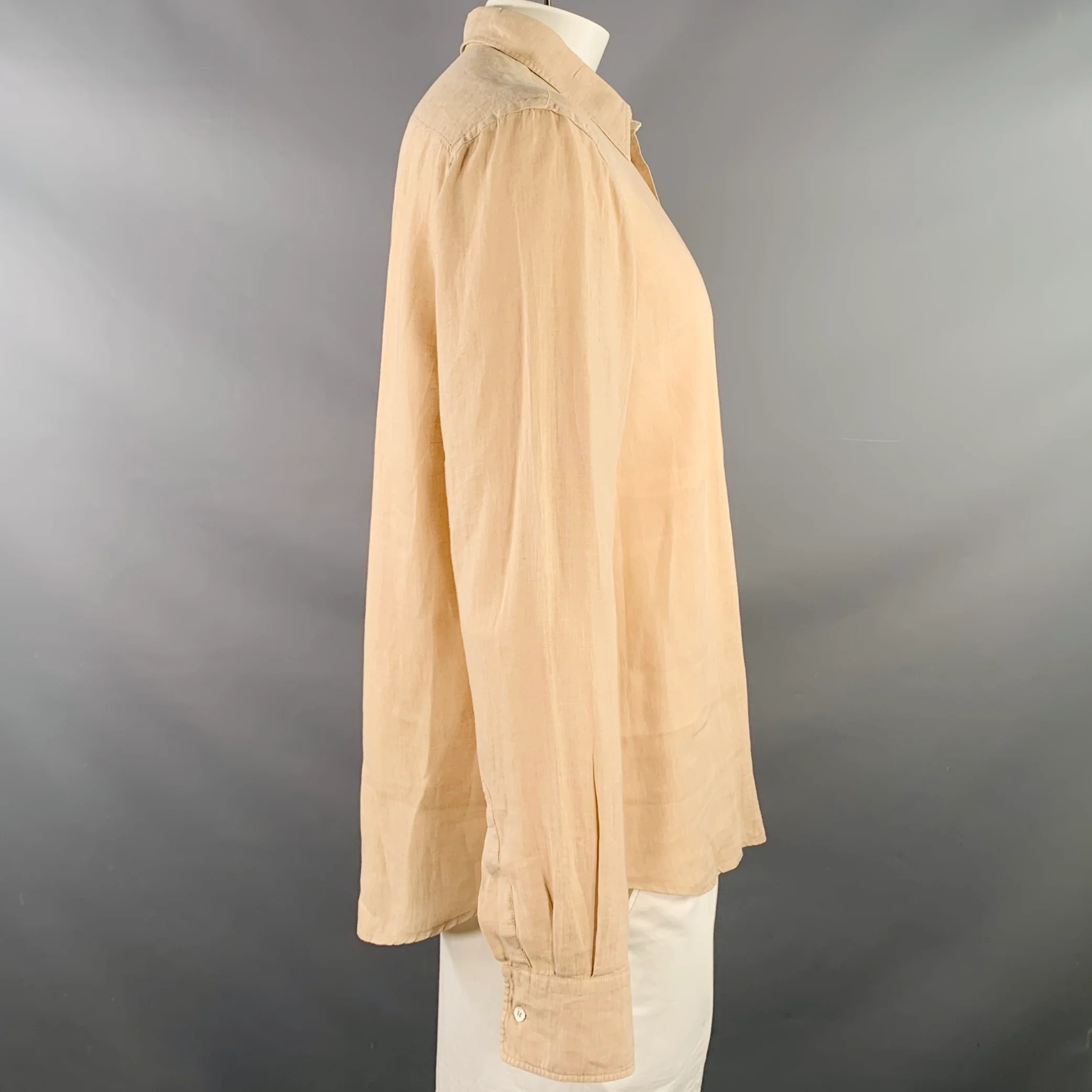 ASPESI Size XL Peach Linen Half Placket Long Sleeve Shirt - Image 2