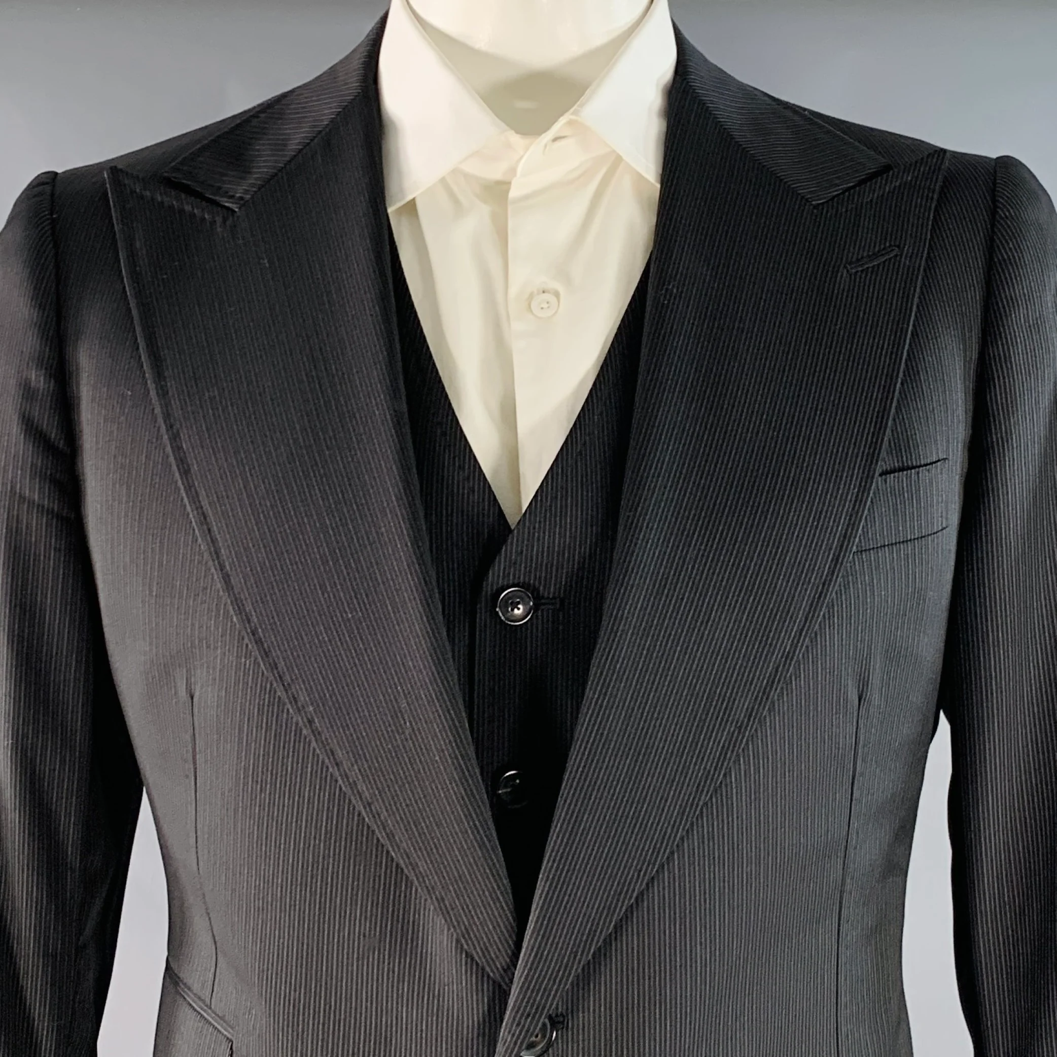 ASTOR & BLACK Size 44 Black Grey Stripe Single Breasted Peak Lapel 3 Piece Suit - Image 3
