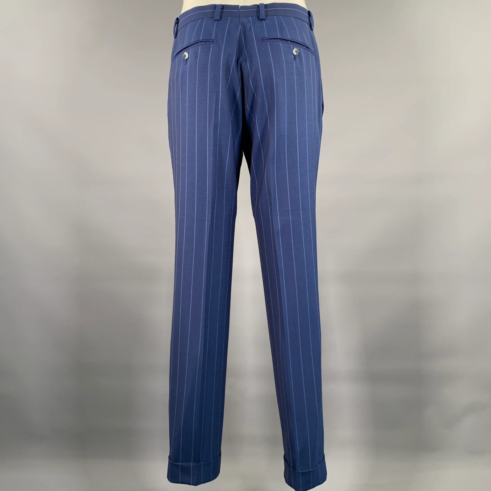 ATELIER MUNRO Size 38 Blue Light Blue Stripe Wool Peak Lapel Suit - Image 6