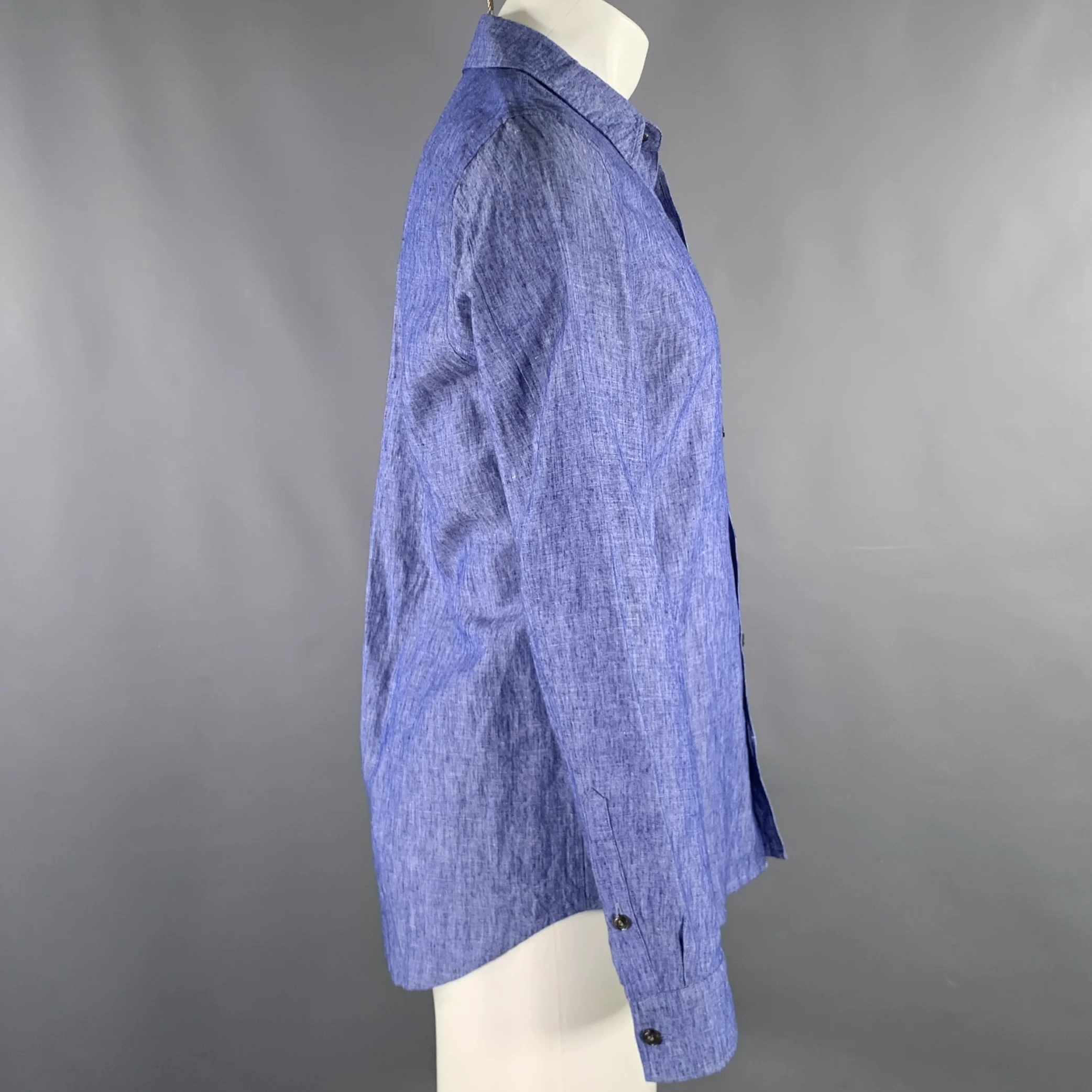 ATTACHMENT Size M Blue Heather Linen Cotton Button Up Long Sleeve Shirt - Image 2