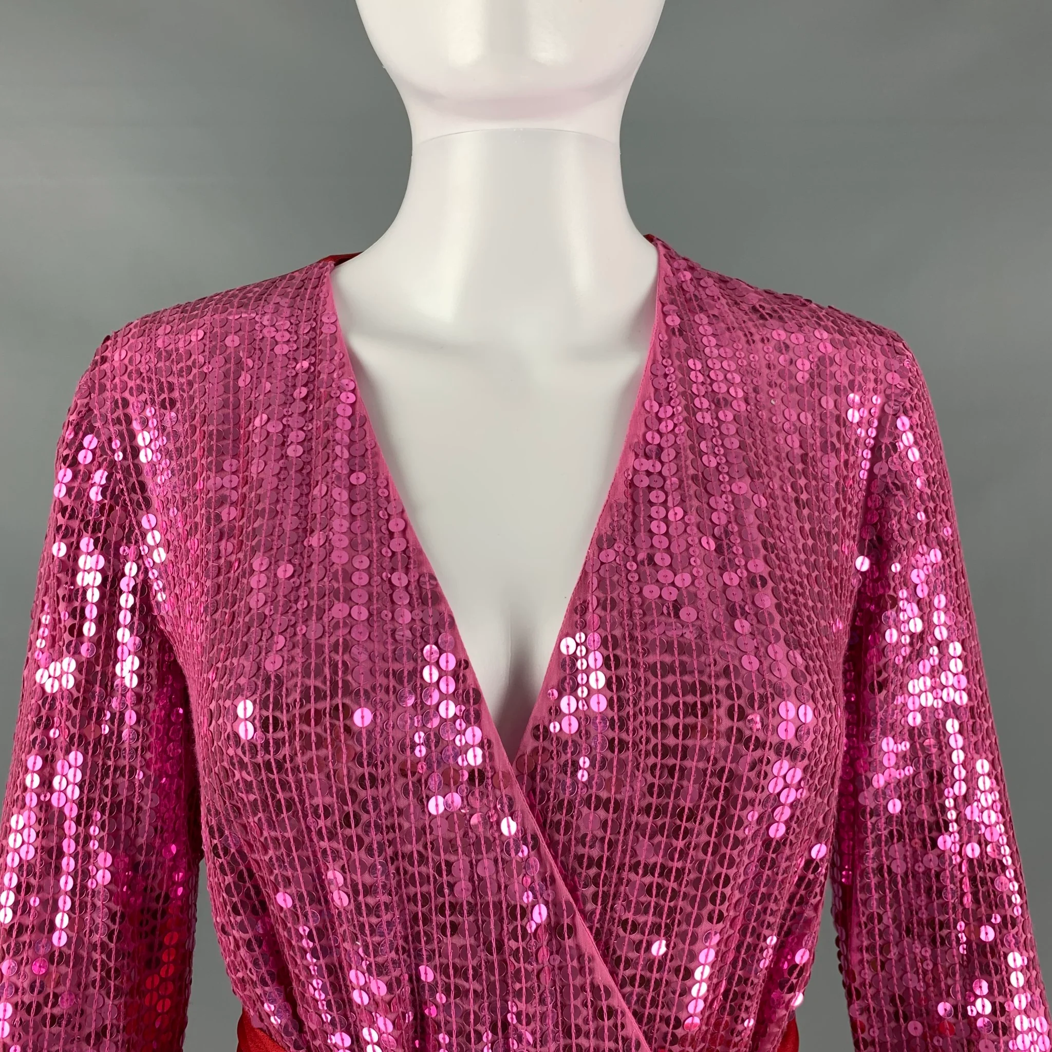 ATTICO Size 2 Pink Red Viscose Sequined Wrap Dress - Image 2