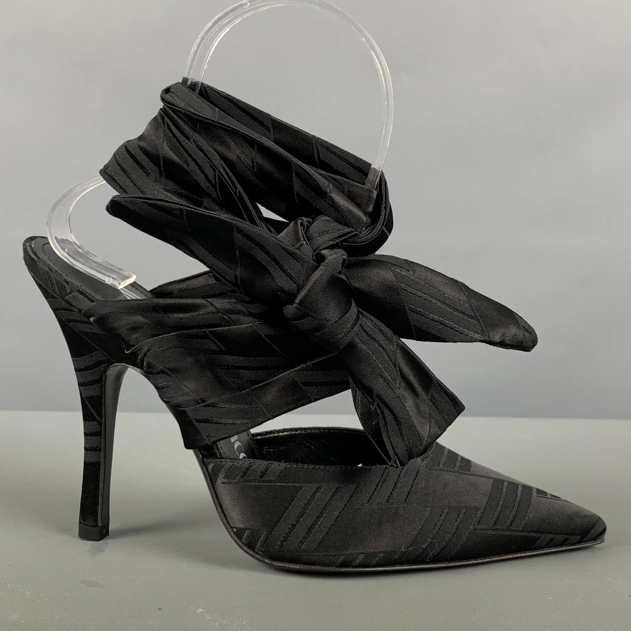 ATTICO Size 6 Black Viscose Blend Jacquard Wrap Around Pumps - Image 2