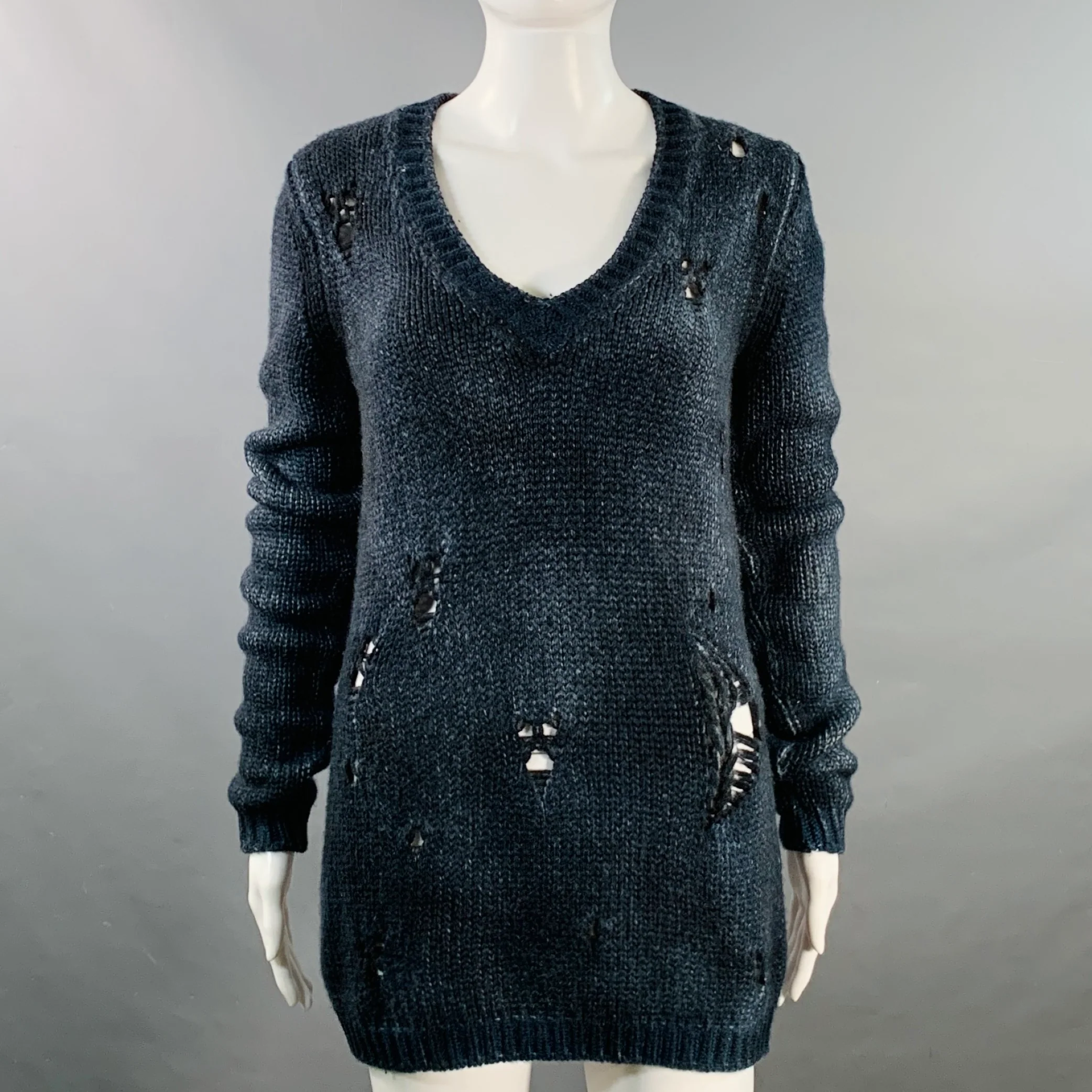 AVANT TOI Size S Navy Black Cashmere Knit Distressed V-Neck Sweater