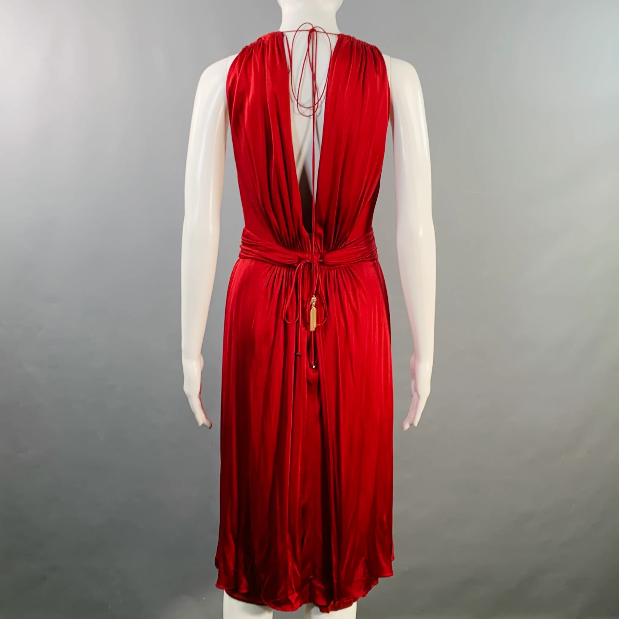 AZZARO Size 6 Woven Venus Red Viscose Plunging V-Neck Knee Length Cocktail Dress - Image 4
