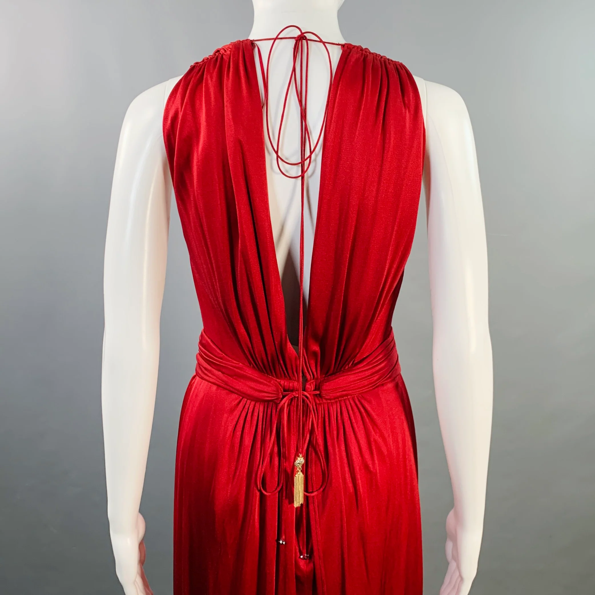 AZZARO Size 6 Woven Venus Red Viscose Plunging V-Neck Knee Length Cocktail Dress - Image 5