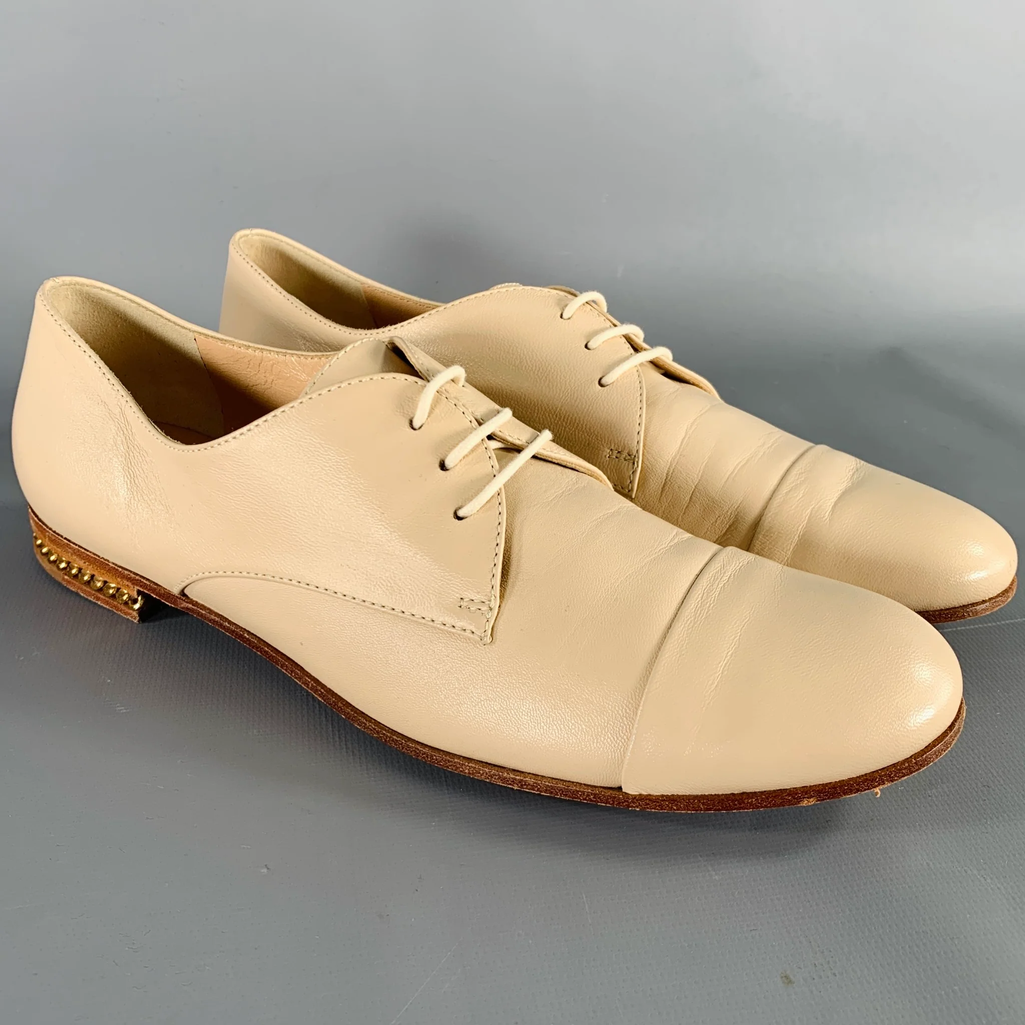 BALDININI Size 7 Beige Leather Cap Toe Lace-Up Shoes
