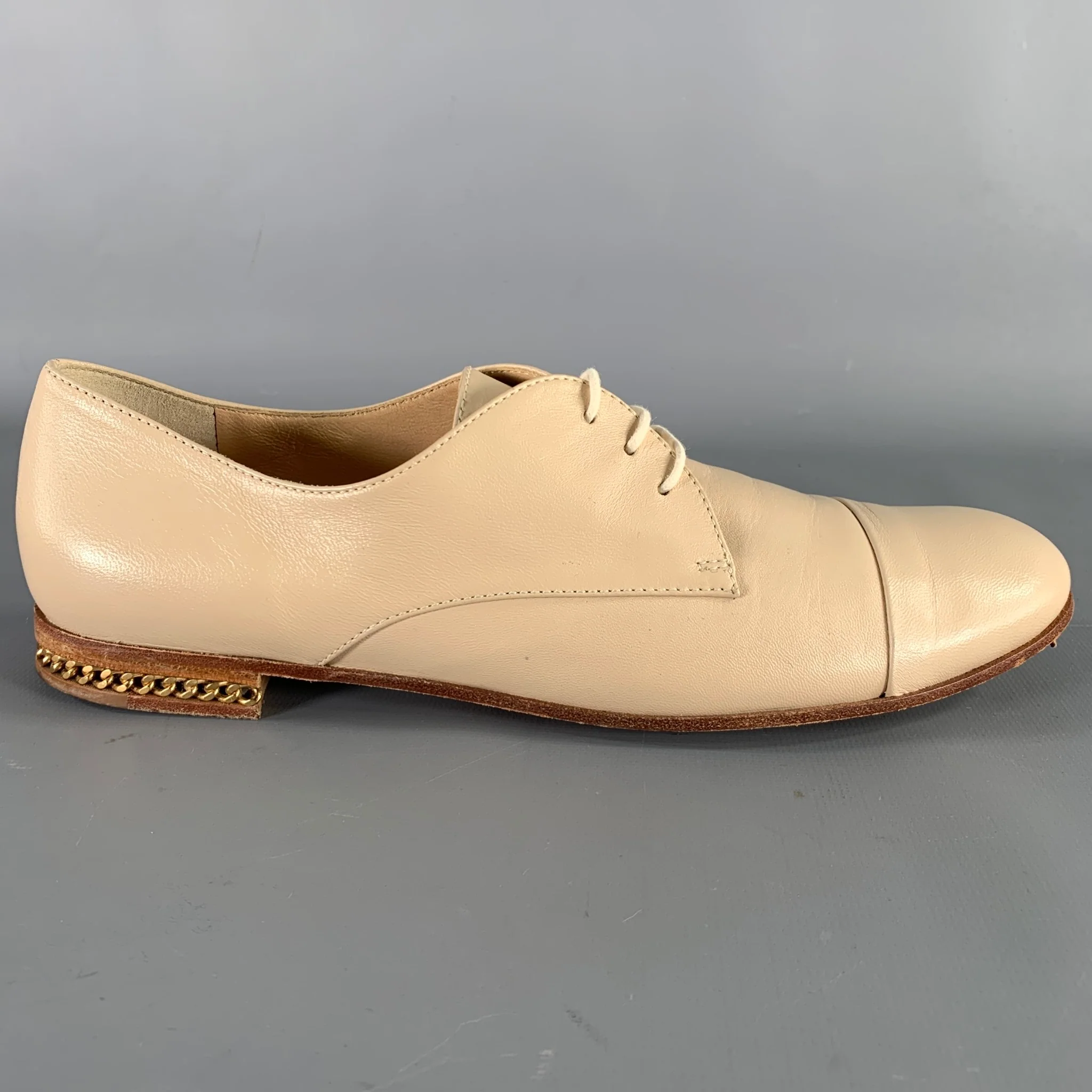 BALDININI Size 7 Beige Leather Cap Toe Lace-Up Shoes - Image 2