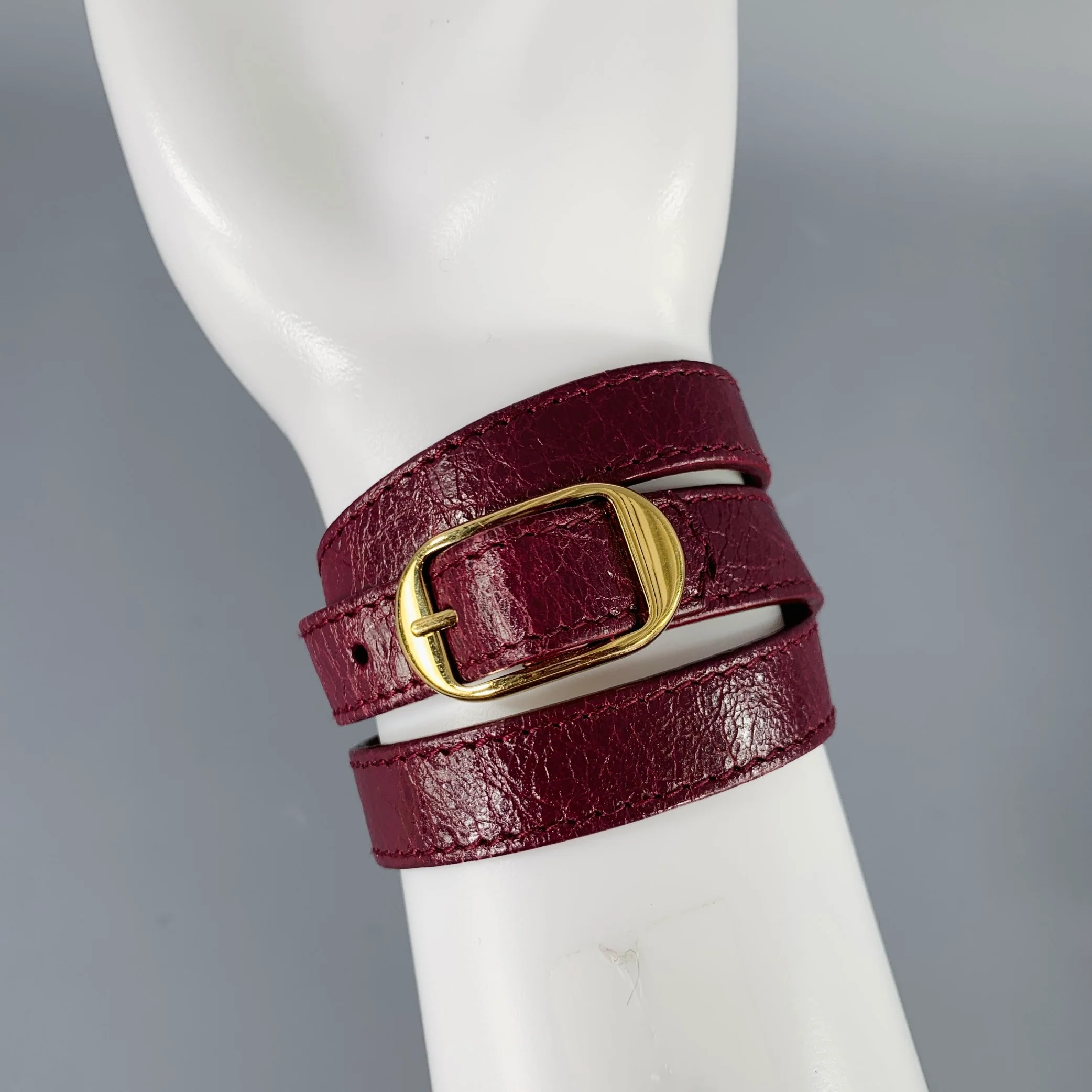 BALENCIAGA Burgundy Gold Studded Leather Bracelet - Image 4