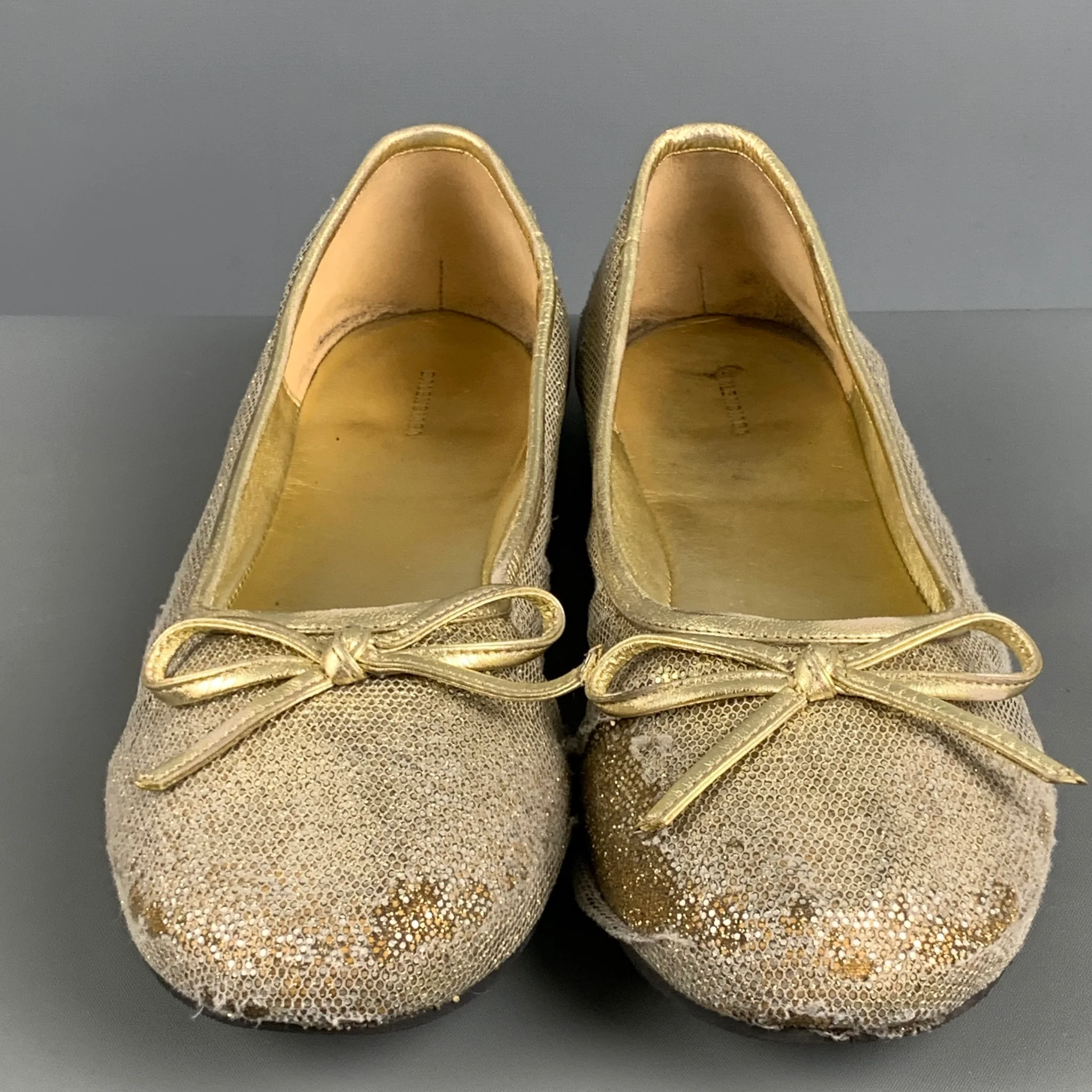 BALENCIAGA Size 11 Gold Grey Fabric Mesh Ballet Flats - Image 4