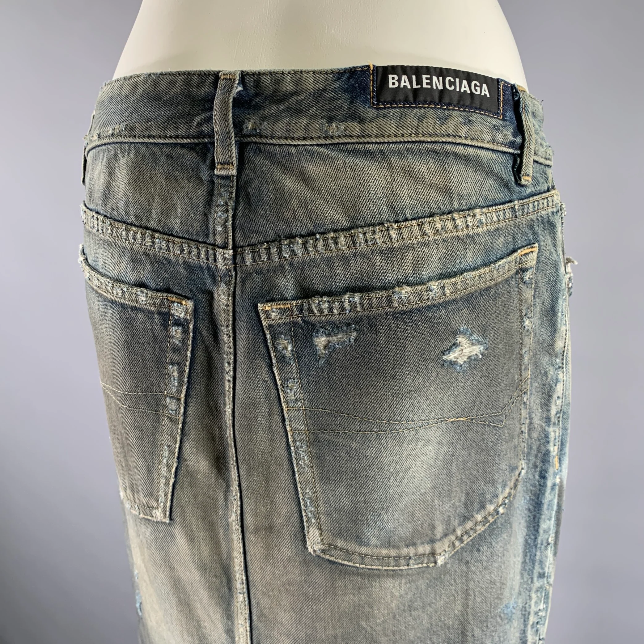 BALENCIAGA Size 2 Blue Mud Wash Cotton Denim Maxi Skirt - Image 4
